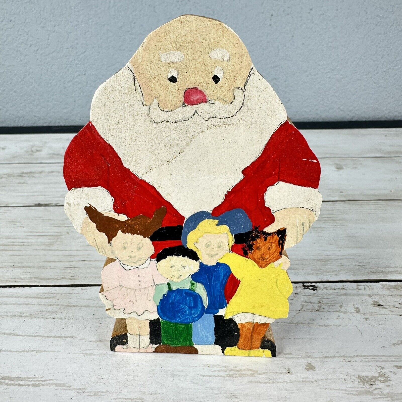 VTG Hand Painted Wood Santa Christmas Decor Folk Art Figurine With Children