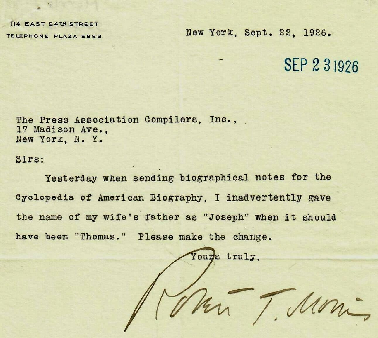 RARE “Antisepsis” Robert Tuttle Morris Signed TLS Dated 1926