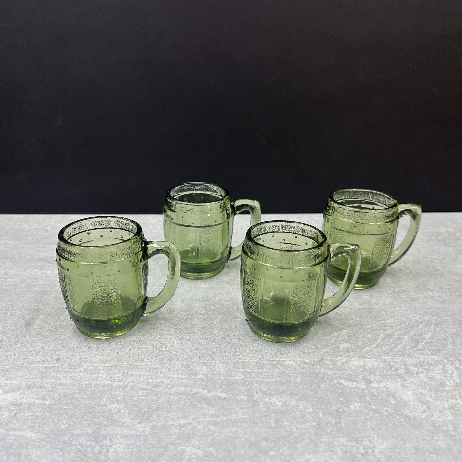 Set of 4 Vintage Shot Glasses Mini Mug Green Glass Barrel Keg Whiskey