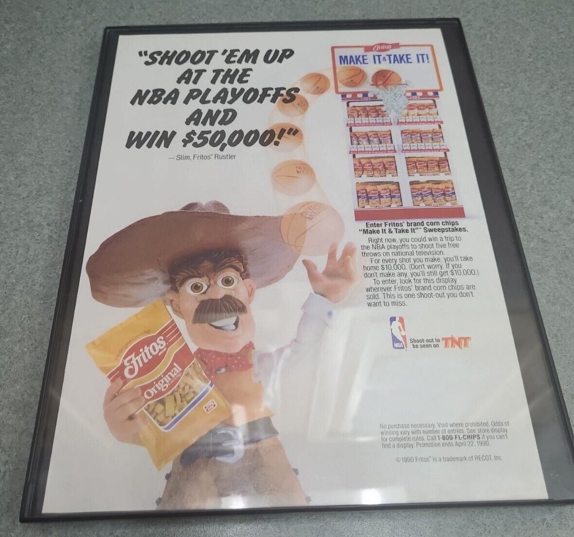 1990 Slim Fritos Rustler Fritos Corn Chips NBA Contest print ad Framed 8.5x11 