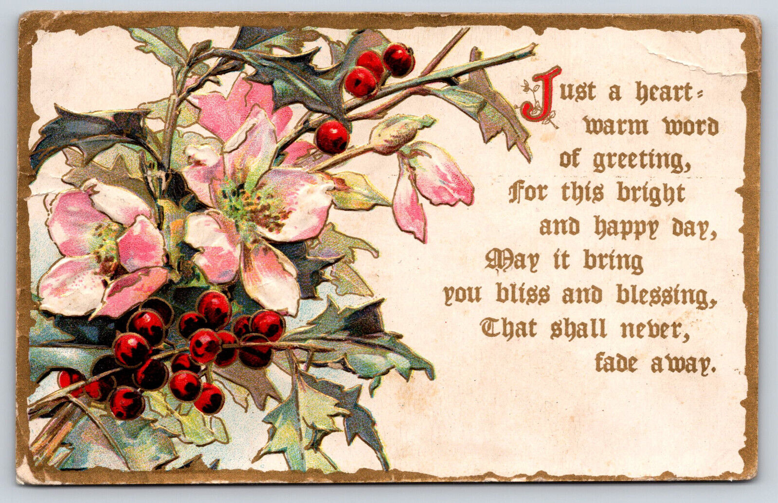 Just A Heart Warm Word Of Greeting, Flowers, Embossed, Vintage 1911 Postcard