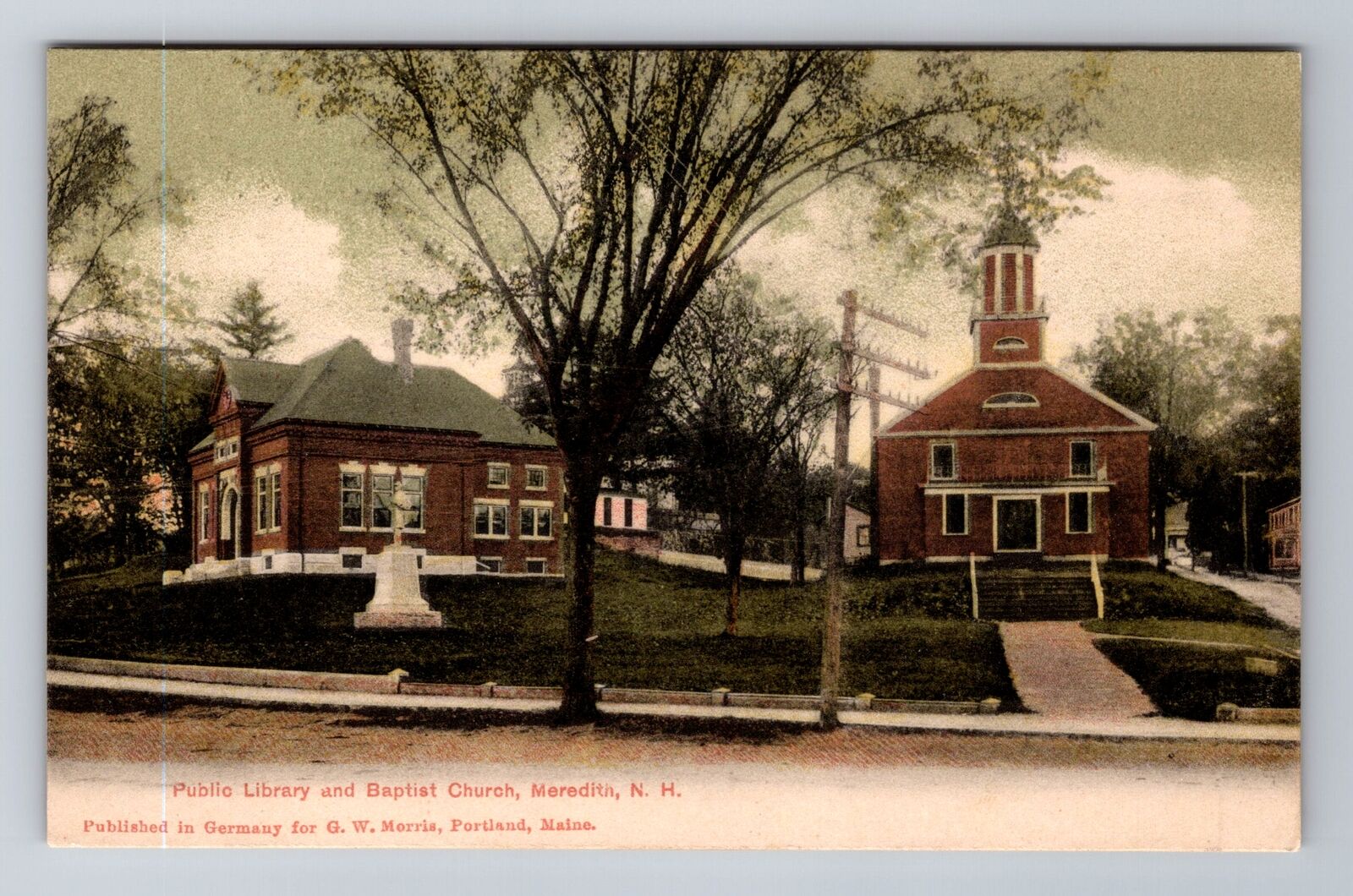 Meredith NH-New Hampshire, Public Library, Baptist Church, Vintage Postcard