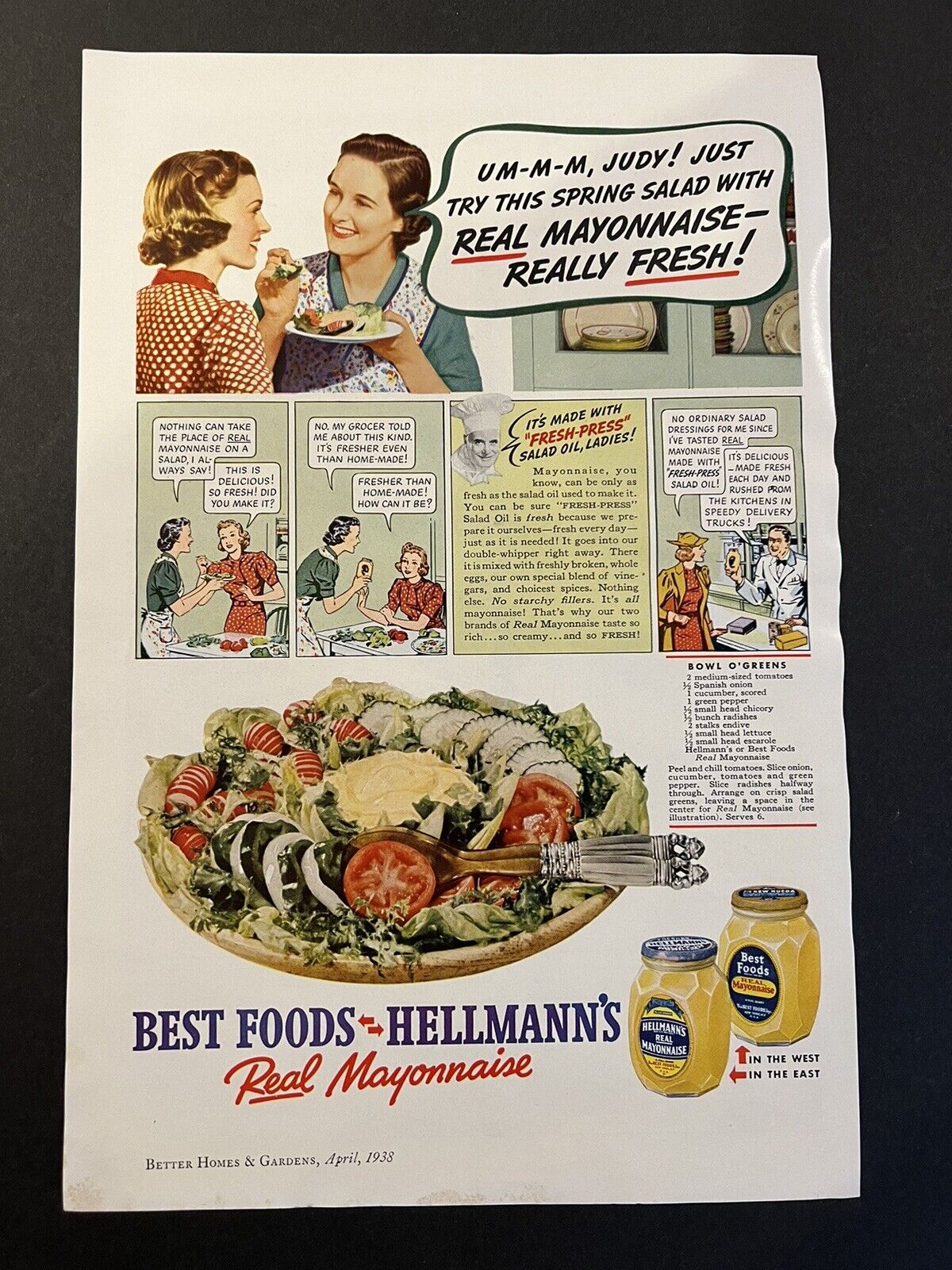 Vtg 1930s Hellmann\'s Real Mayonnaise Ad, Kitchen, Restaurant Décor #2