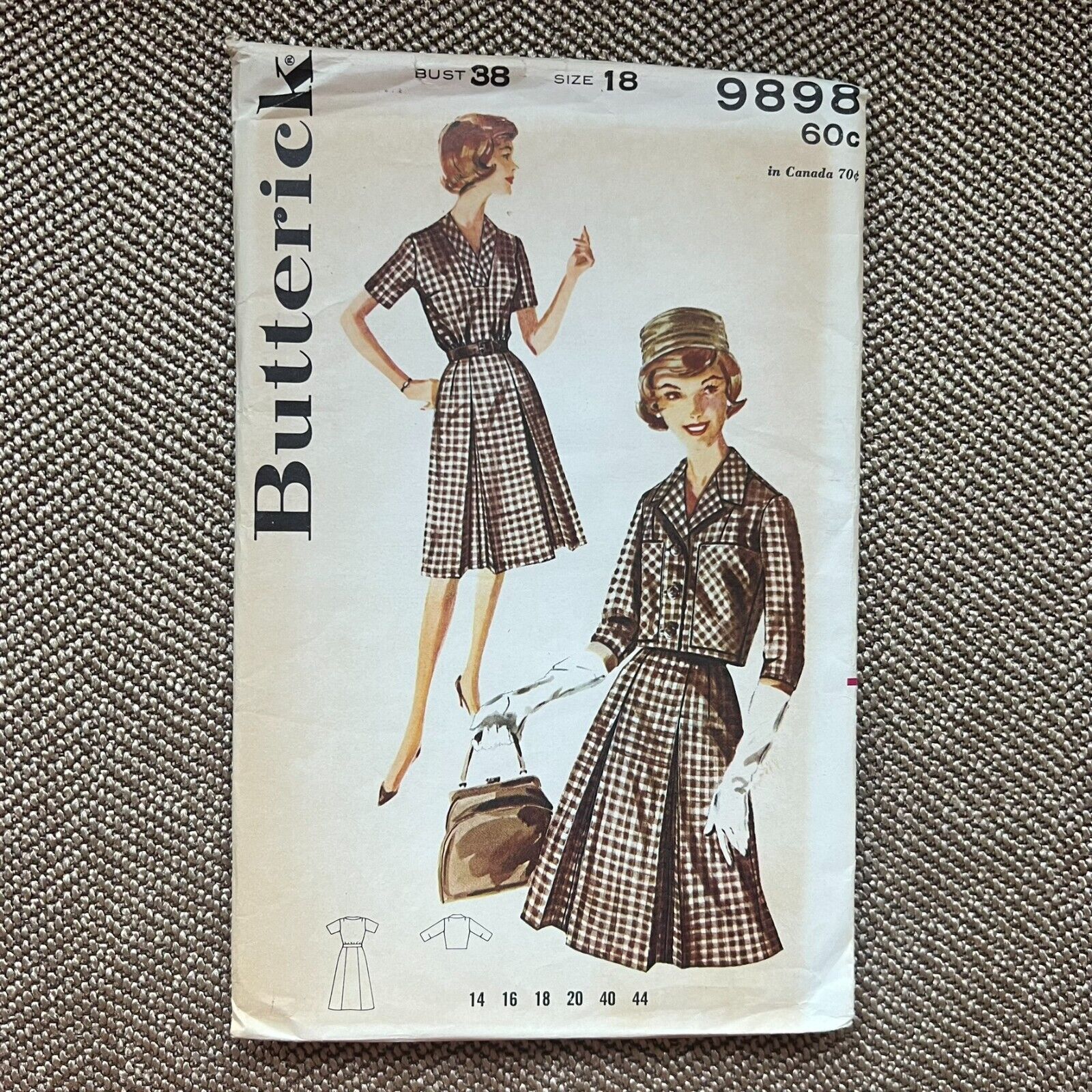 1960s Butterick 9898 Flared Dress Front Pleat & Jacket w Patch Pockets Sz 18 NEW