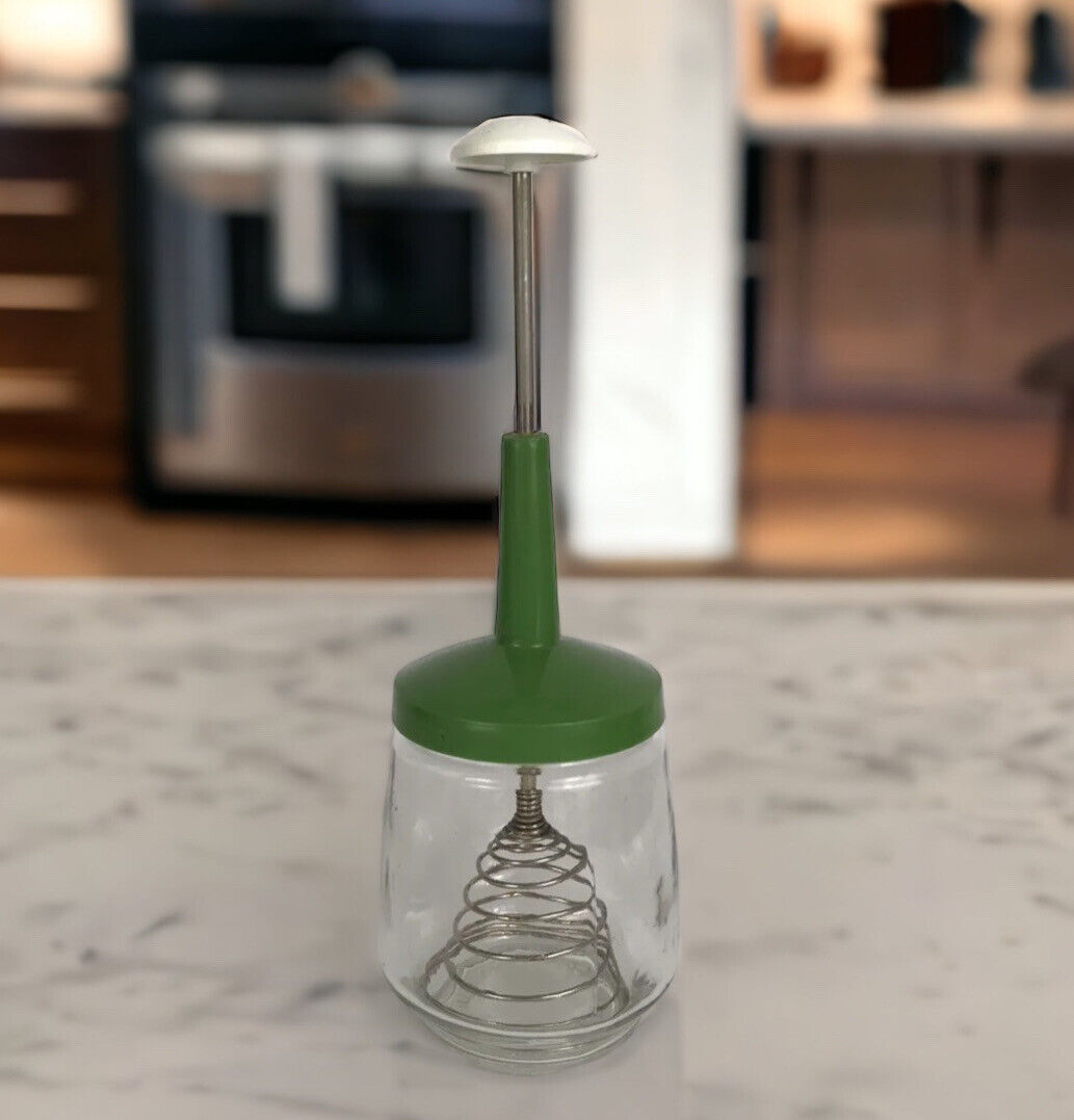 Vintage Federal Housewares Hand Press Glass Jar Green Lid Wire WISK Plunger