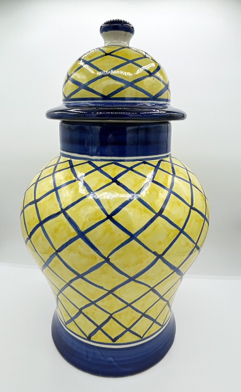 Vintage Talavera Mexican Pottery Large Urn Yellow & Cobalt Blue Original Lid