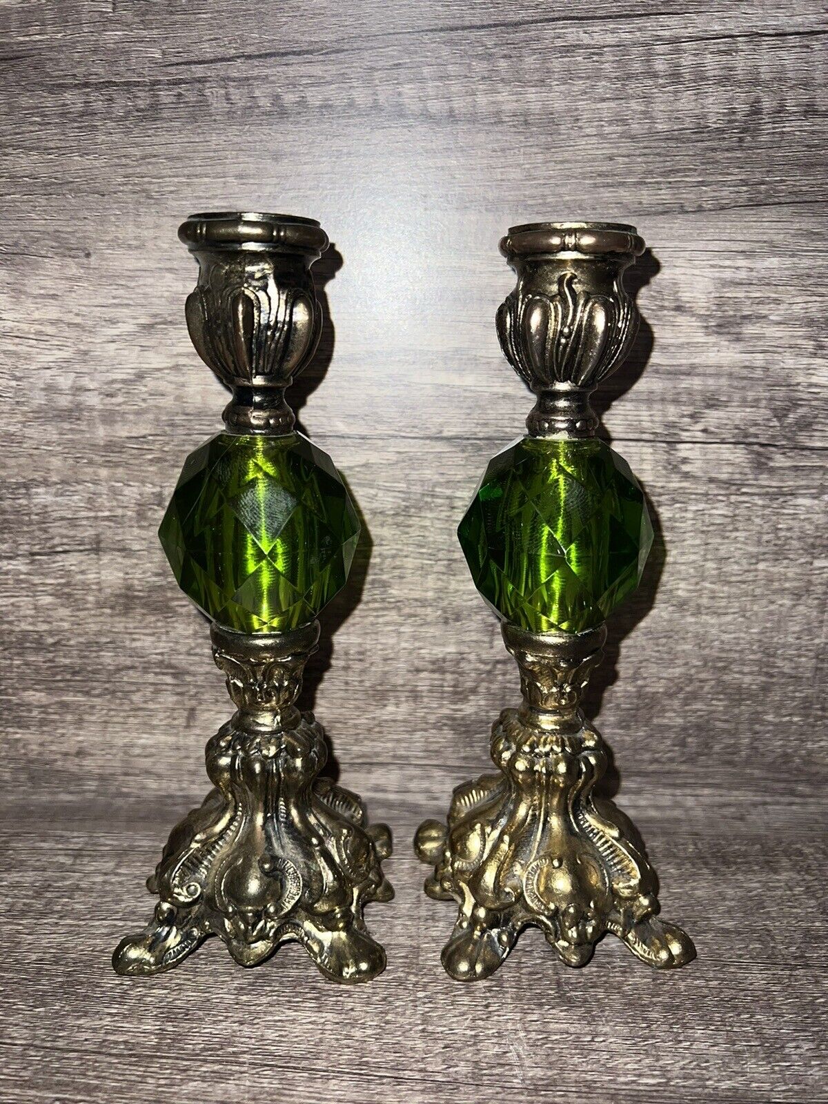 Vintage Mid Century Green Lucite Candlestick Pair Brass