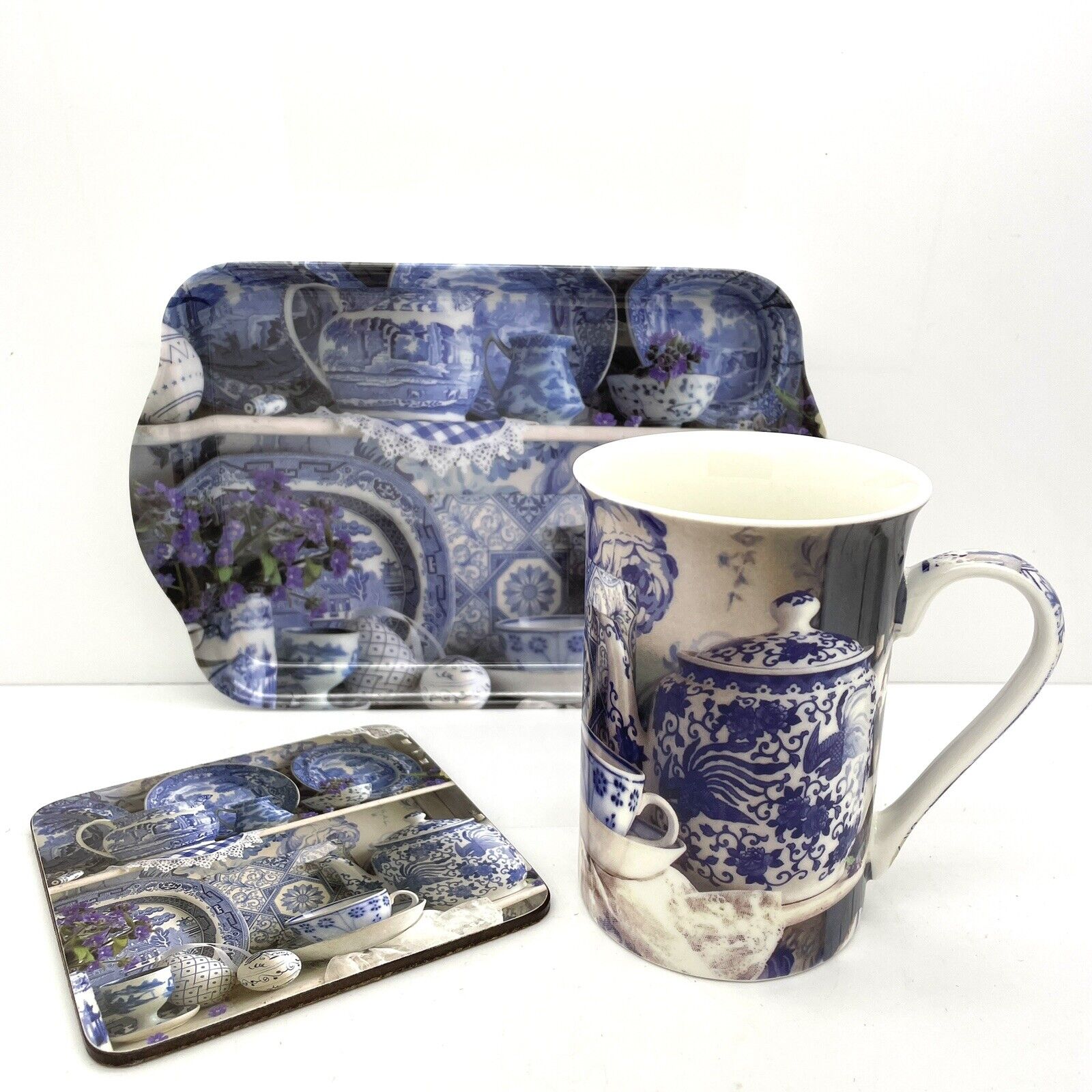 Creative Tops Mug Fine China Blue And White England Design With Coaster & Tray