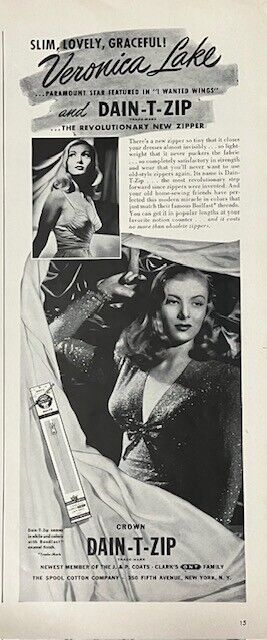 Rare Vintage Original 1941 Dain-T-Zip Veronica Lake Hollywood Star Advertisement