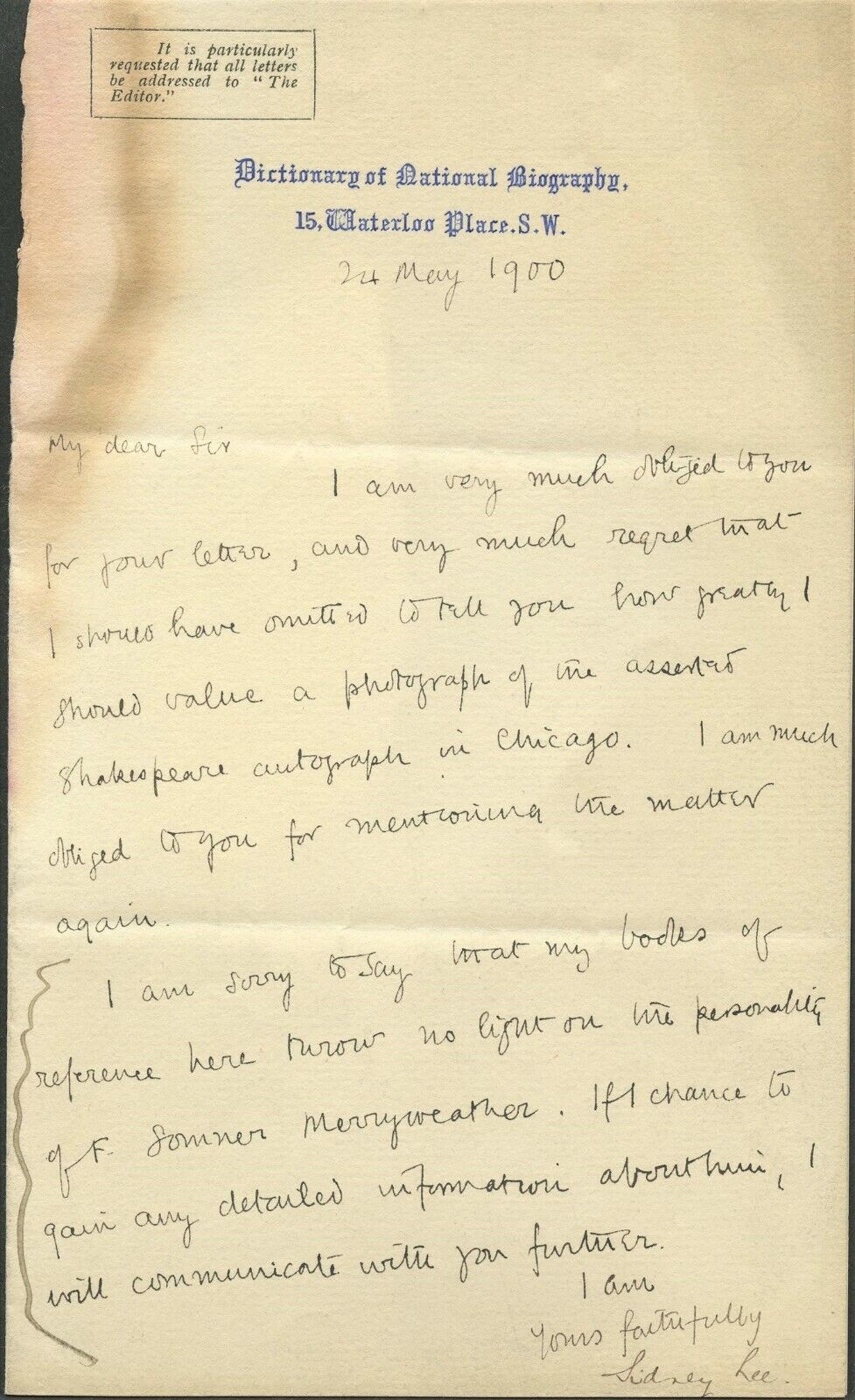 SIR SIDNEY LEE Signed Letter - 1900