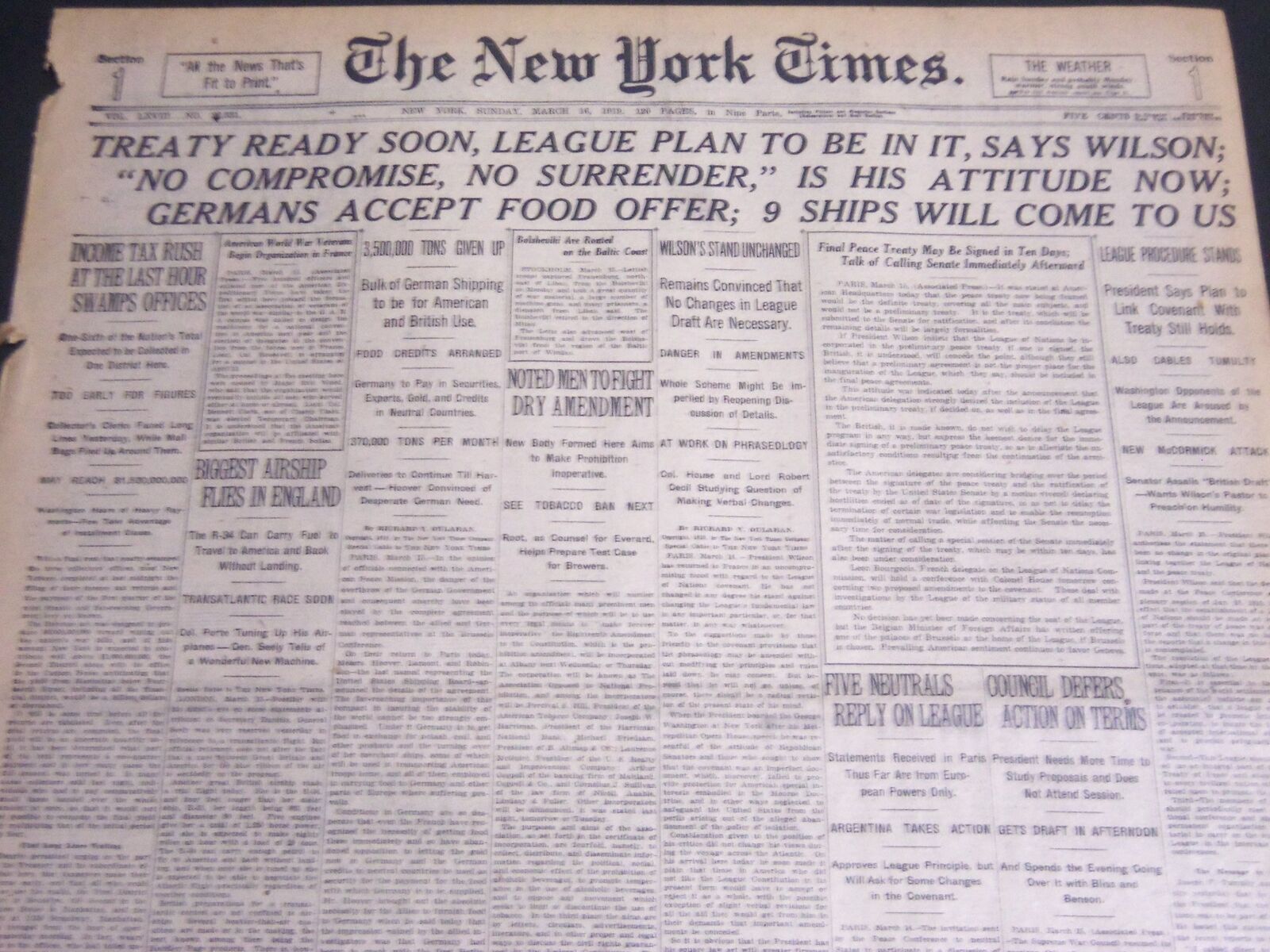 1919 MARCH 16 NEW YORK TIMES - TREATY READY SOON SAYS WILSON - NT 6653