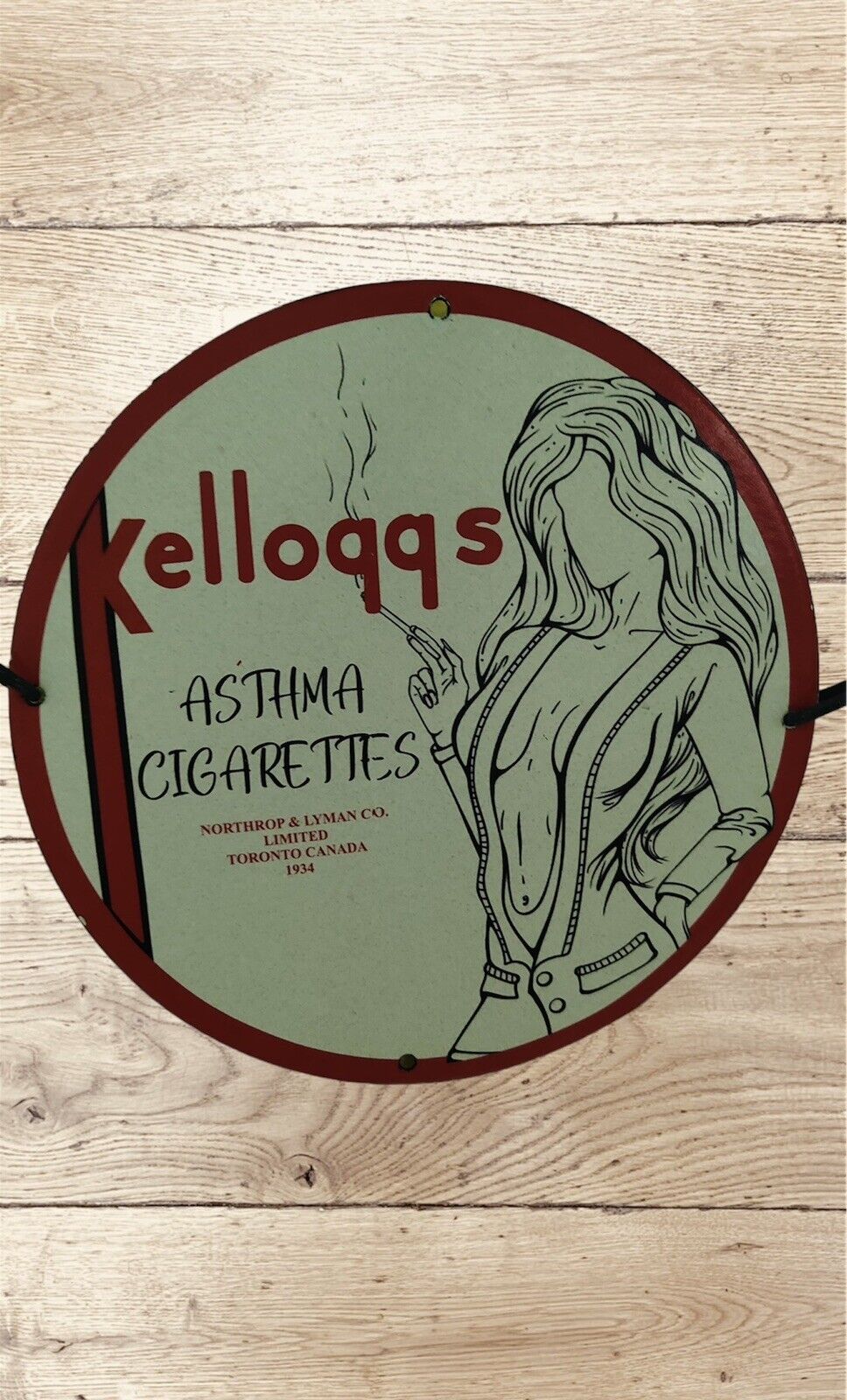 KELLOGGS ASTHMA CIGARETTE CANADA PINUP GIRL PORCELAIN GAS OIL STATION PLATE SIGN