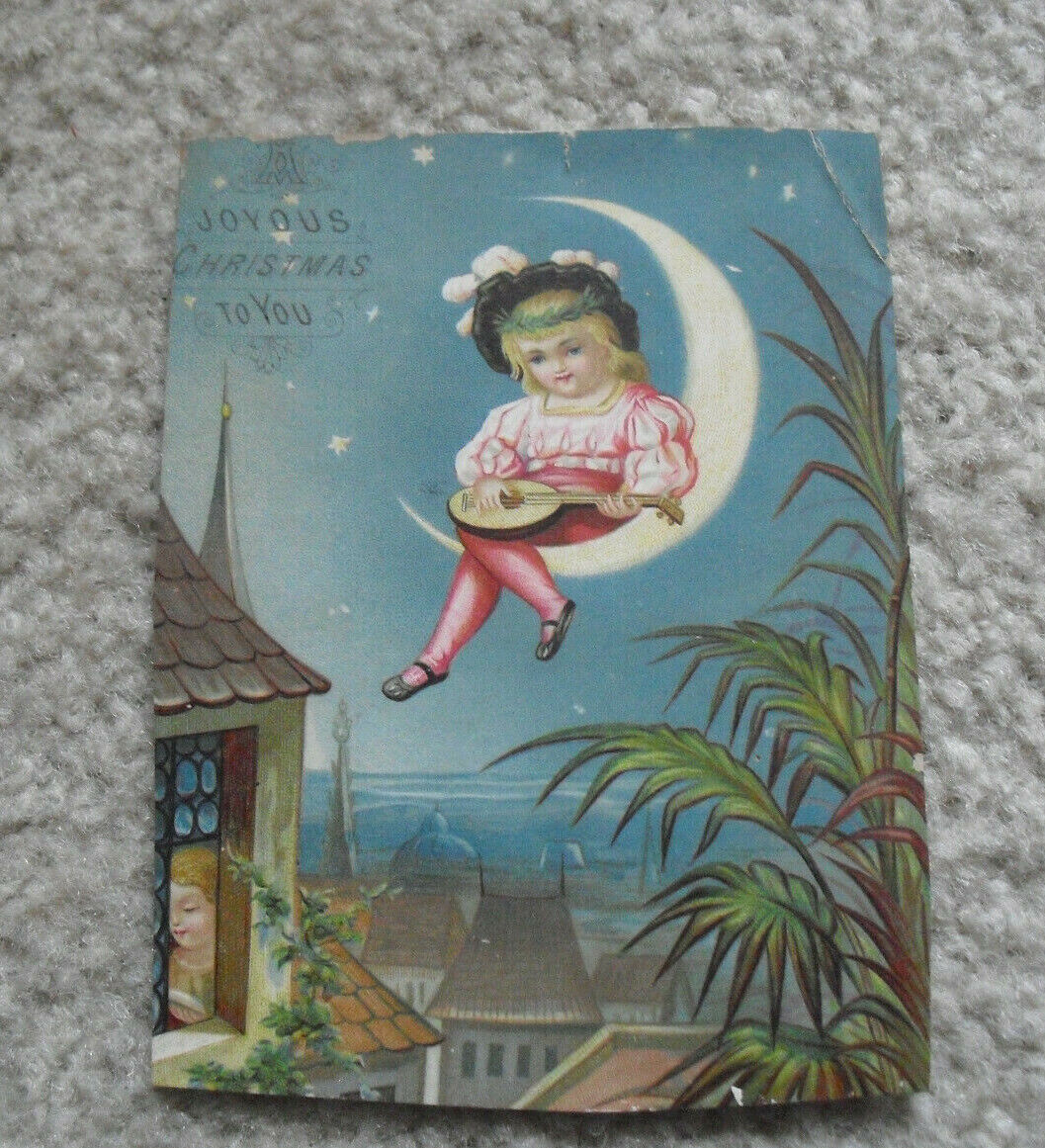 Interesting Late 1800s Litho Christmas Greeting Card Print with Girl