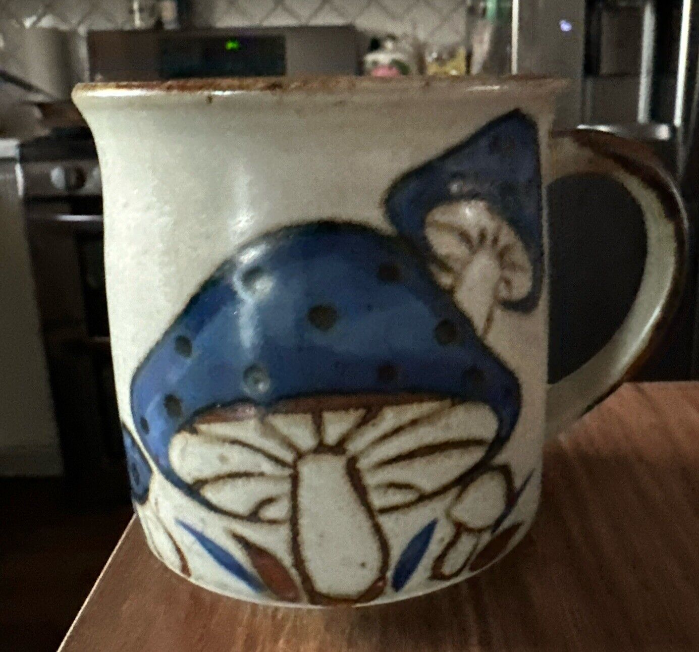 Vintage 70’s Ceramic Blue Cap Mushroom Mug Otagiri Style Stoneware Speck