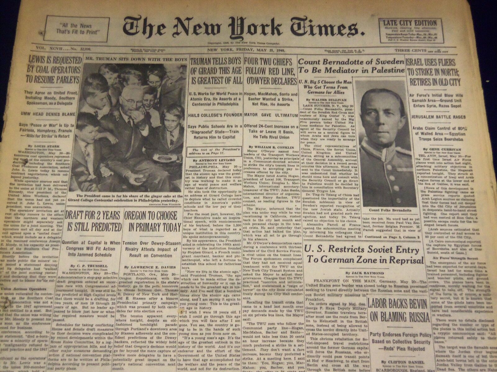 1948 MAY 21 NEW YORK TIMES - BENADOTTE TO MEDIATE IN PALESTINE - NT 3532