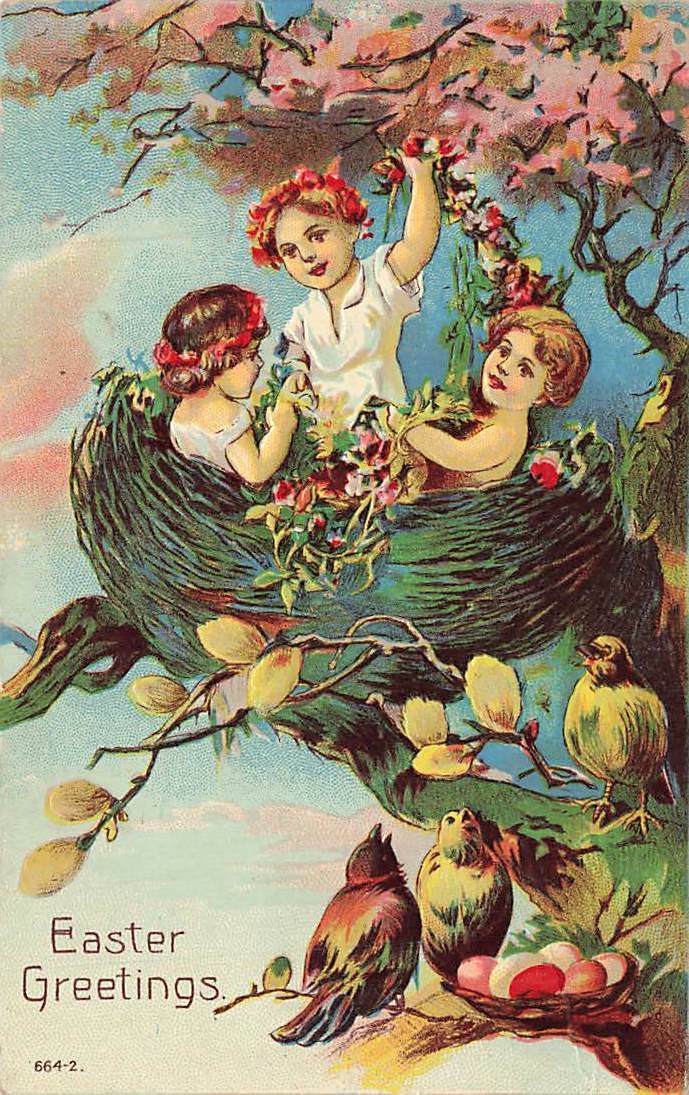 c1910  Fantasy Kids In Birds Nest Eggs Embossed Easter Eggs Fab P154