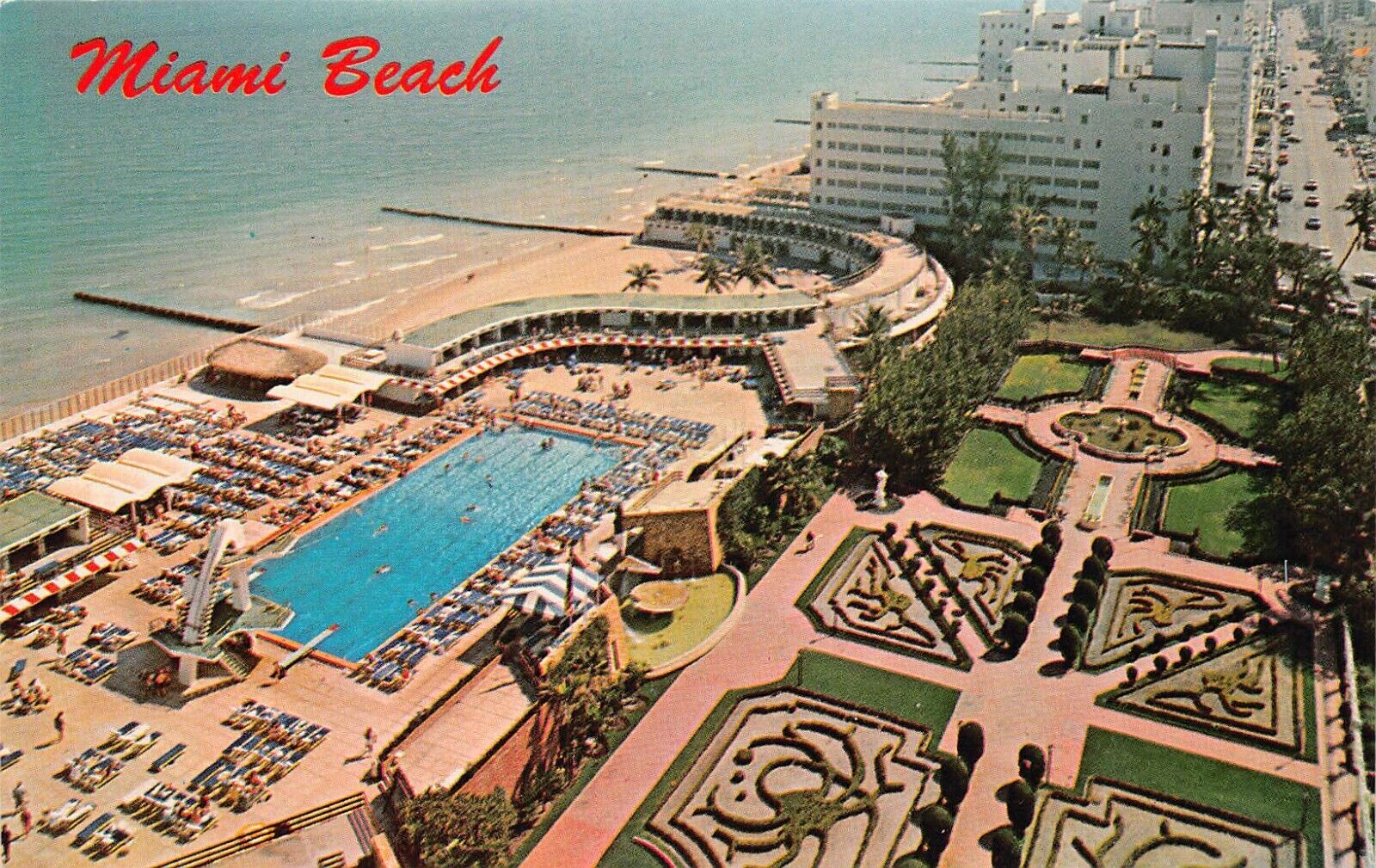 Miami Beach FL Florida Fontainebleau Hotel Pool Aerial 1950s Vtg Postcard C31