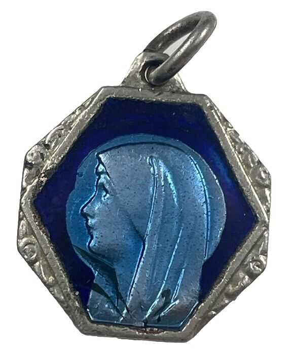 Vintage Catholic Our Lady Of Lourdes  Blue  Enamel Religious Medal