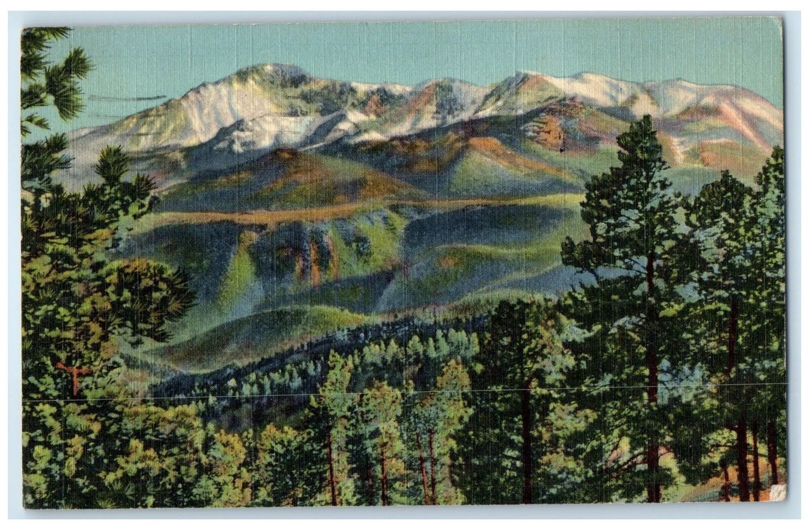1942 Pikes Peak Towering Over The Serried Hills Colorado Springs CO Postcard