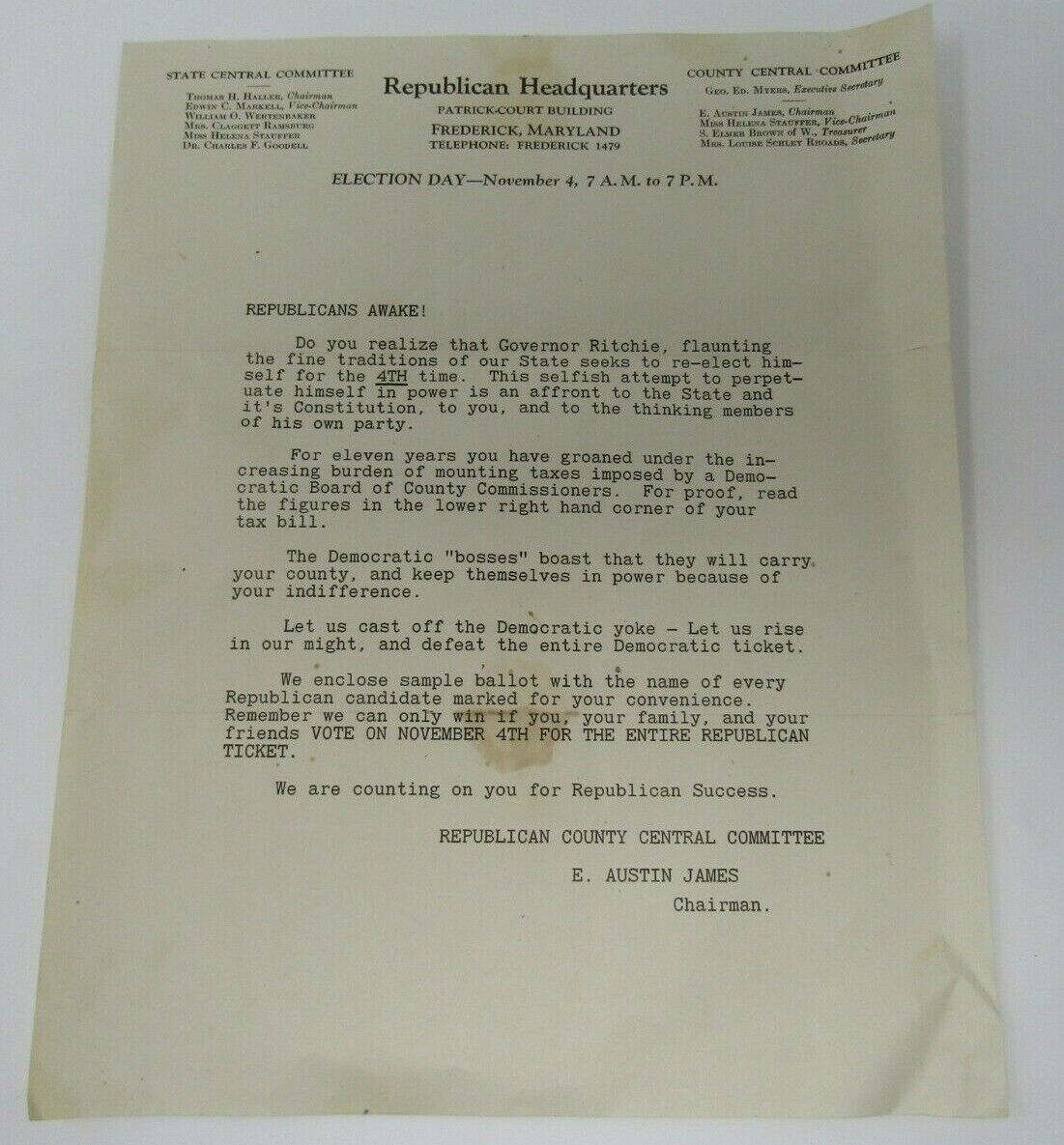 Antique Republican Party Maryland Letter Against Governor Albert Ritchie 