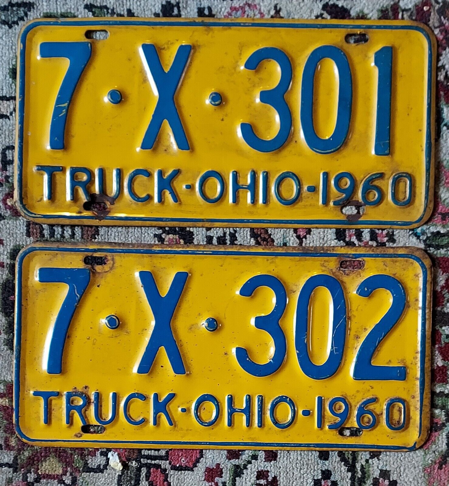 1960 Ohio Truck License Plates TWO IN SEQUENCE  7•X•301  7•X•302