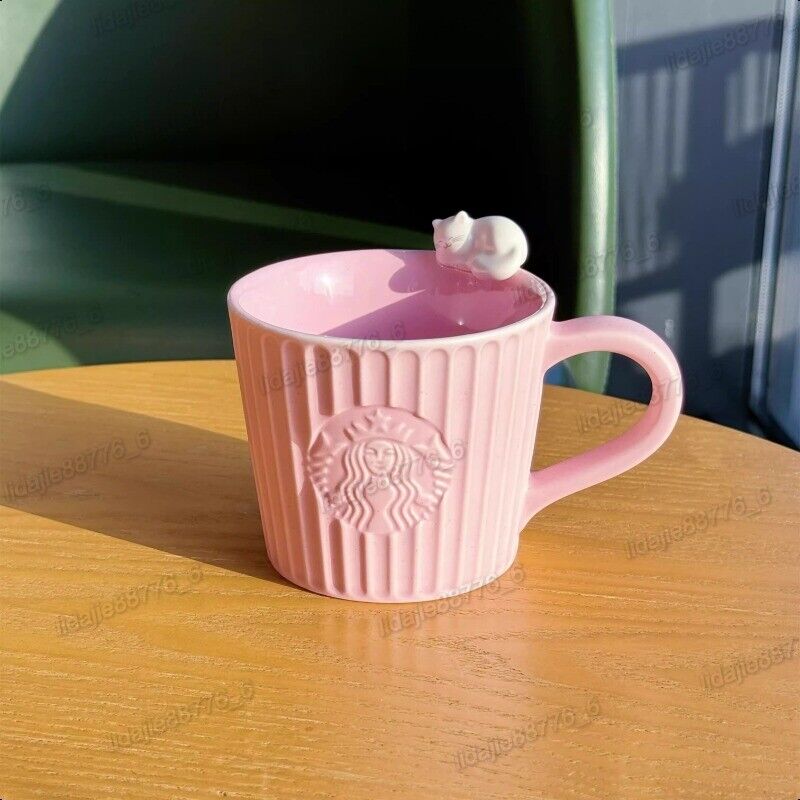 Starbucks Valentine's Day 3D Cat Vertical Stripe Ceramic Cup Pink Coffee Mug NEW