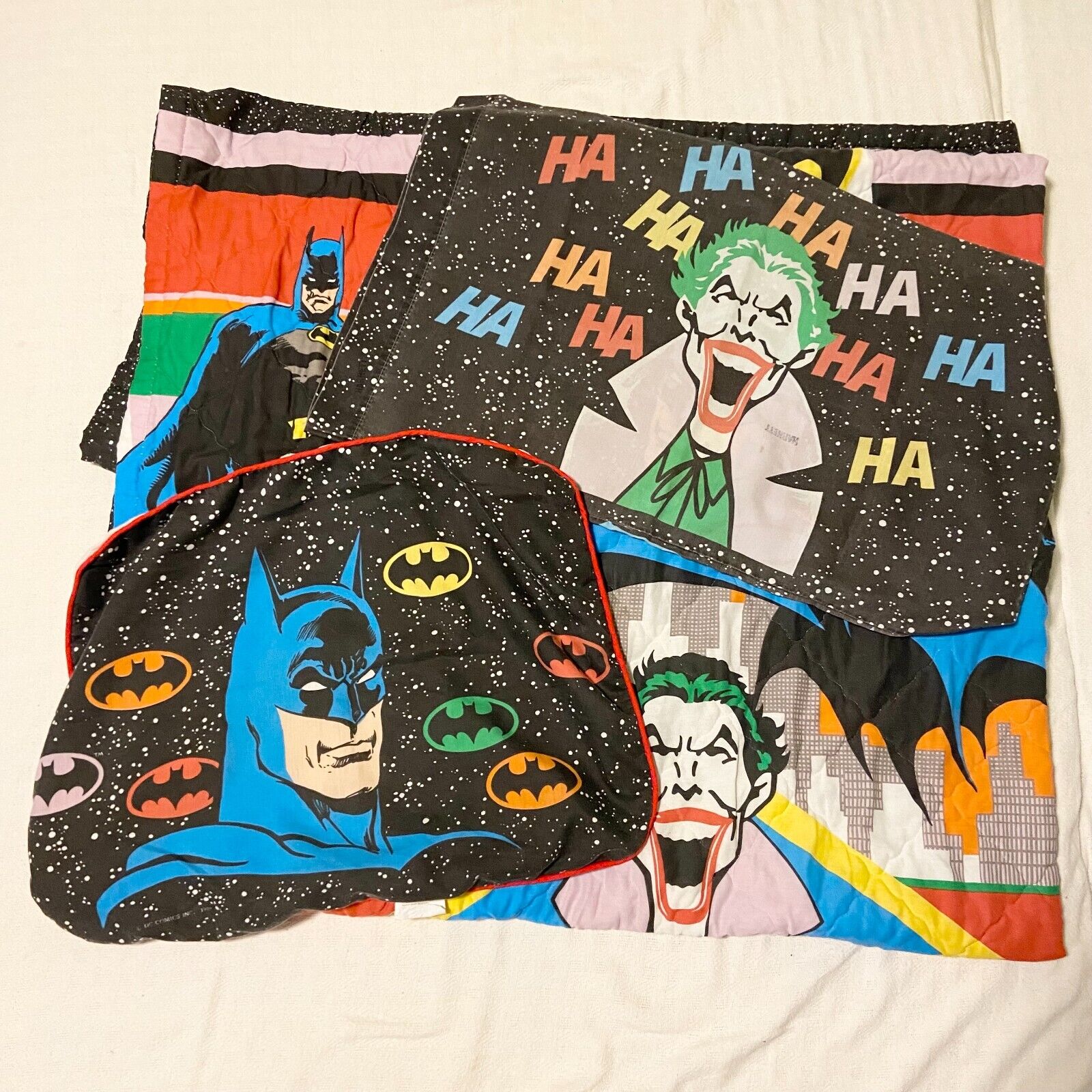 Vintage 1989 Batman Joker Bedspread Comforter Queen Full Bed Pillowcases Damaged