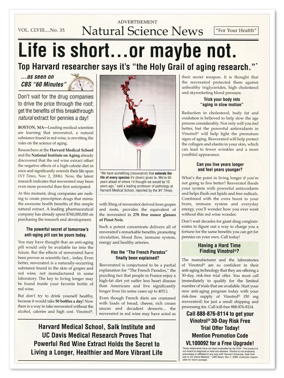 Vinotrol Anti-Aging Pill Natural Science News 2010 Full-Page Print Magazine Ad