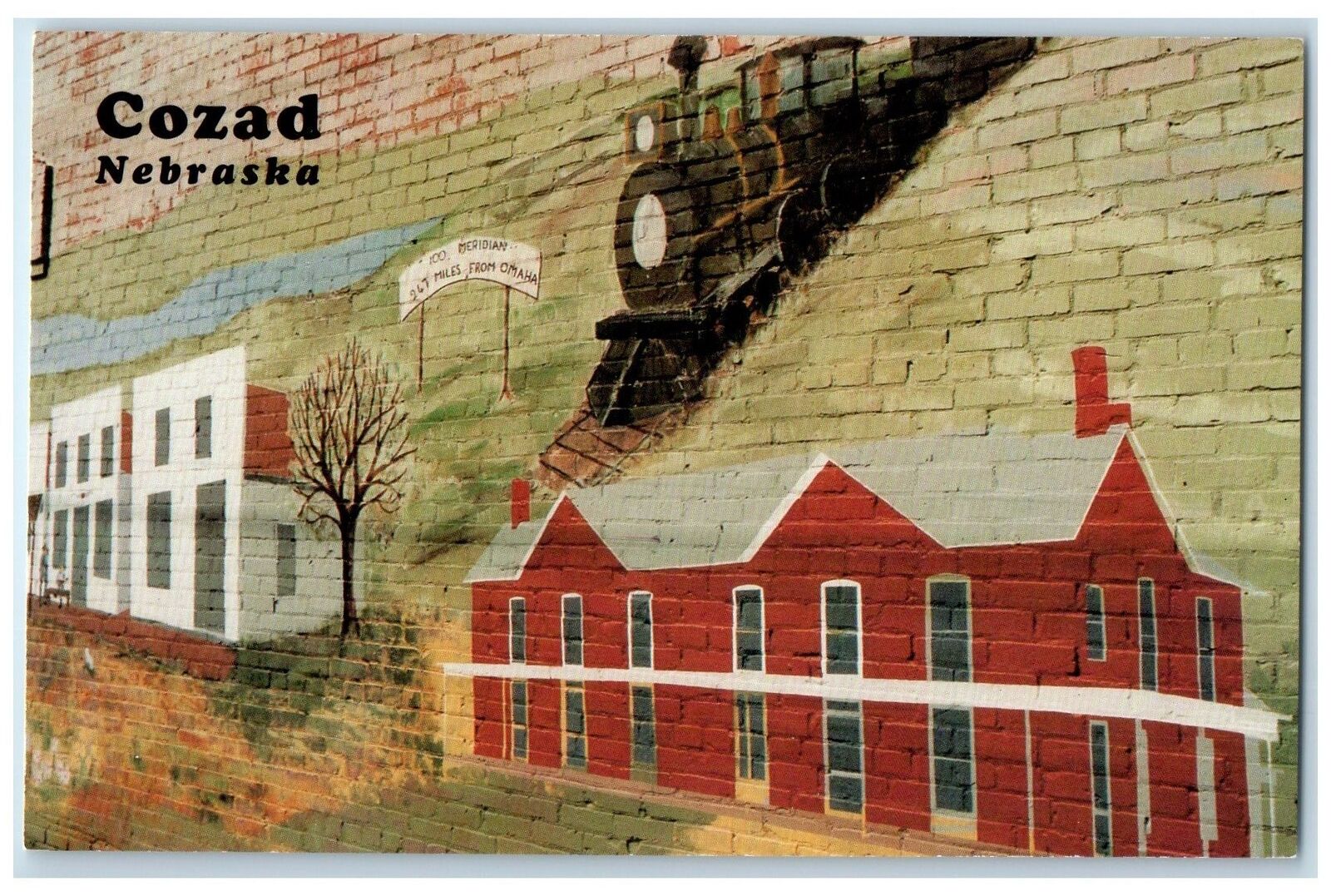 c1960's Mural Of Historical Scene Train Tree Cozad Nebraska NE Unposted Postcard