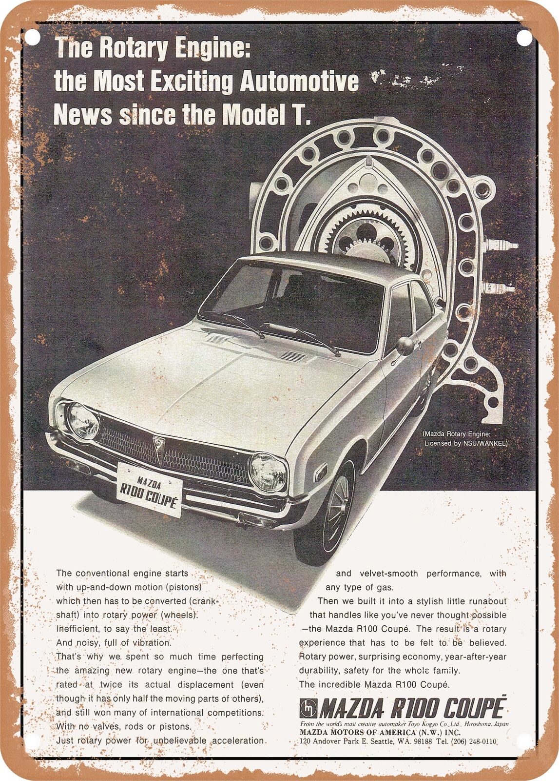 METAL SIGN - 1970 Mazda R100 Coupe Rotary Engine Vintage Ad