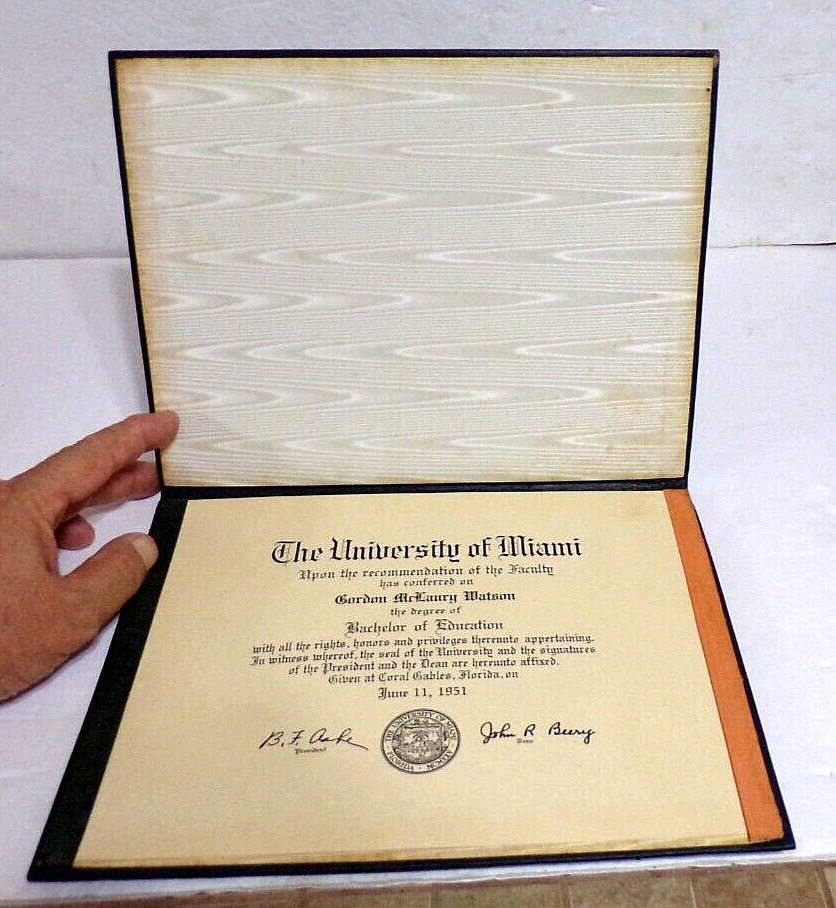 Vintage Actual University Of Miami Bachelor Of Education Degree 1951 Signed