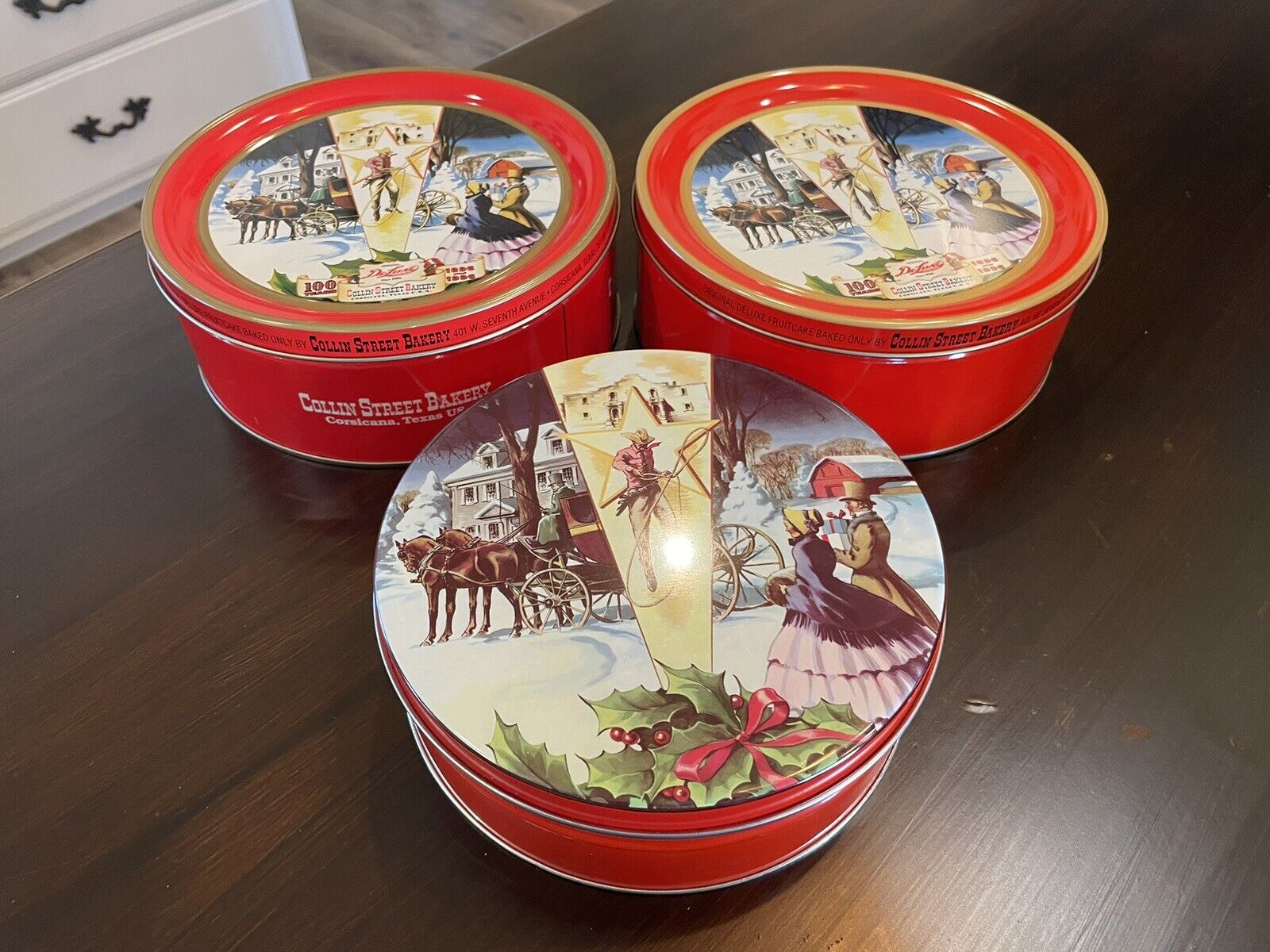 Set of 3 - Vintage Collin Street Bakery DeLuxe Fruit Cake Tin Christmas 8\