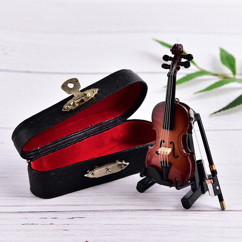 Mini Violin Miniature Musical Instrument Wooden Model with Support and Case