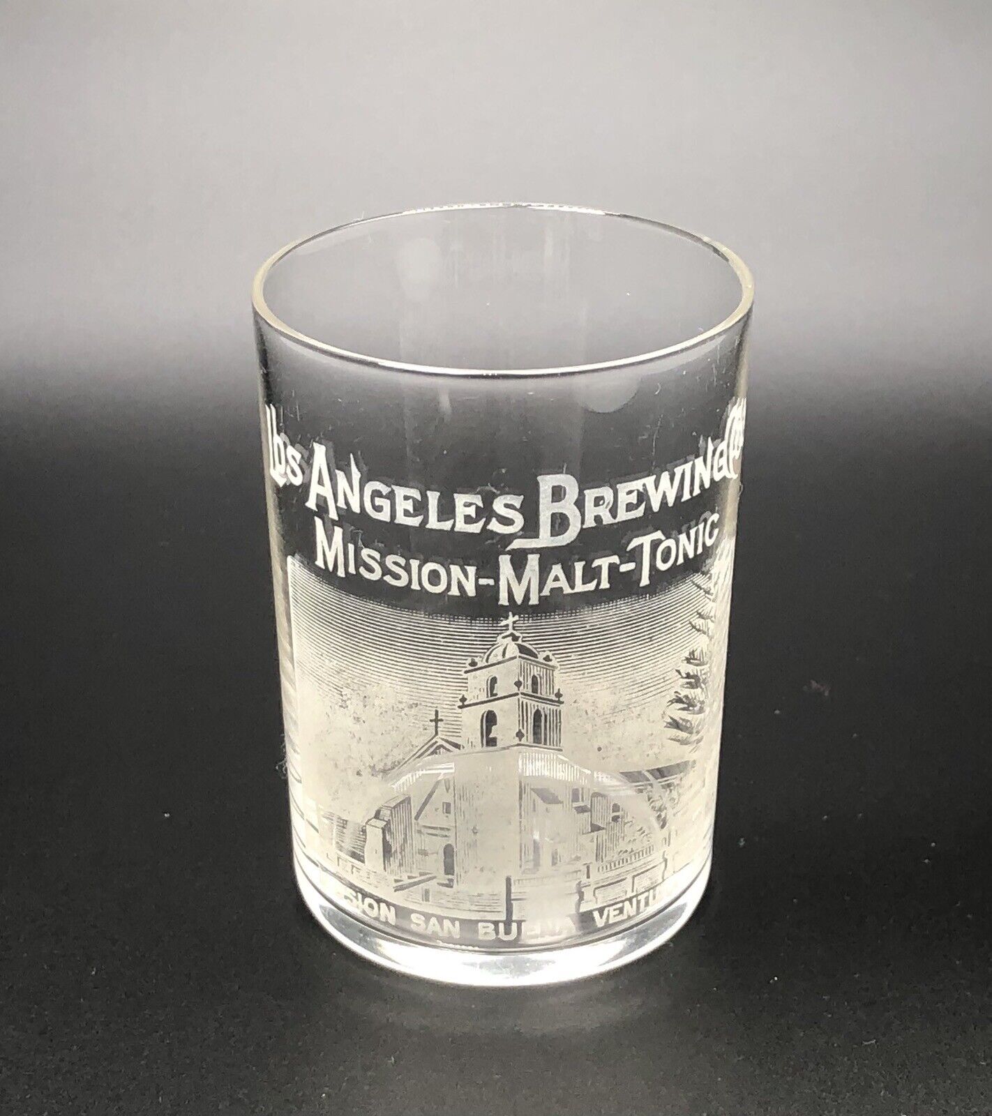Los Angeles Mission Malt Tonic Beer Shell Glass / PrePro Acid Etched Advertising
