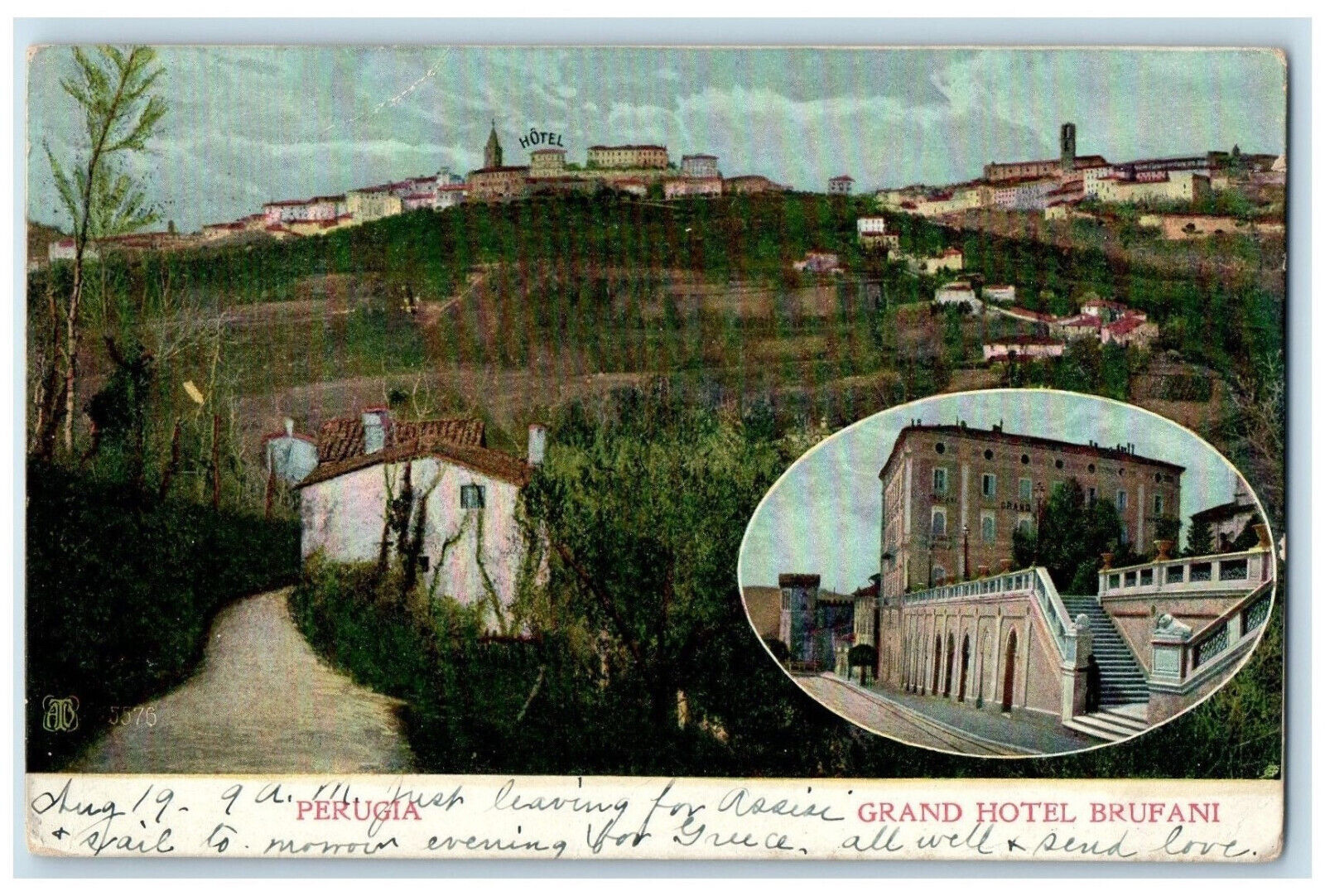 c1905 Grand Hotel Brufani Perugia Umbria Region Italy Posted Antique Postcard