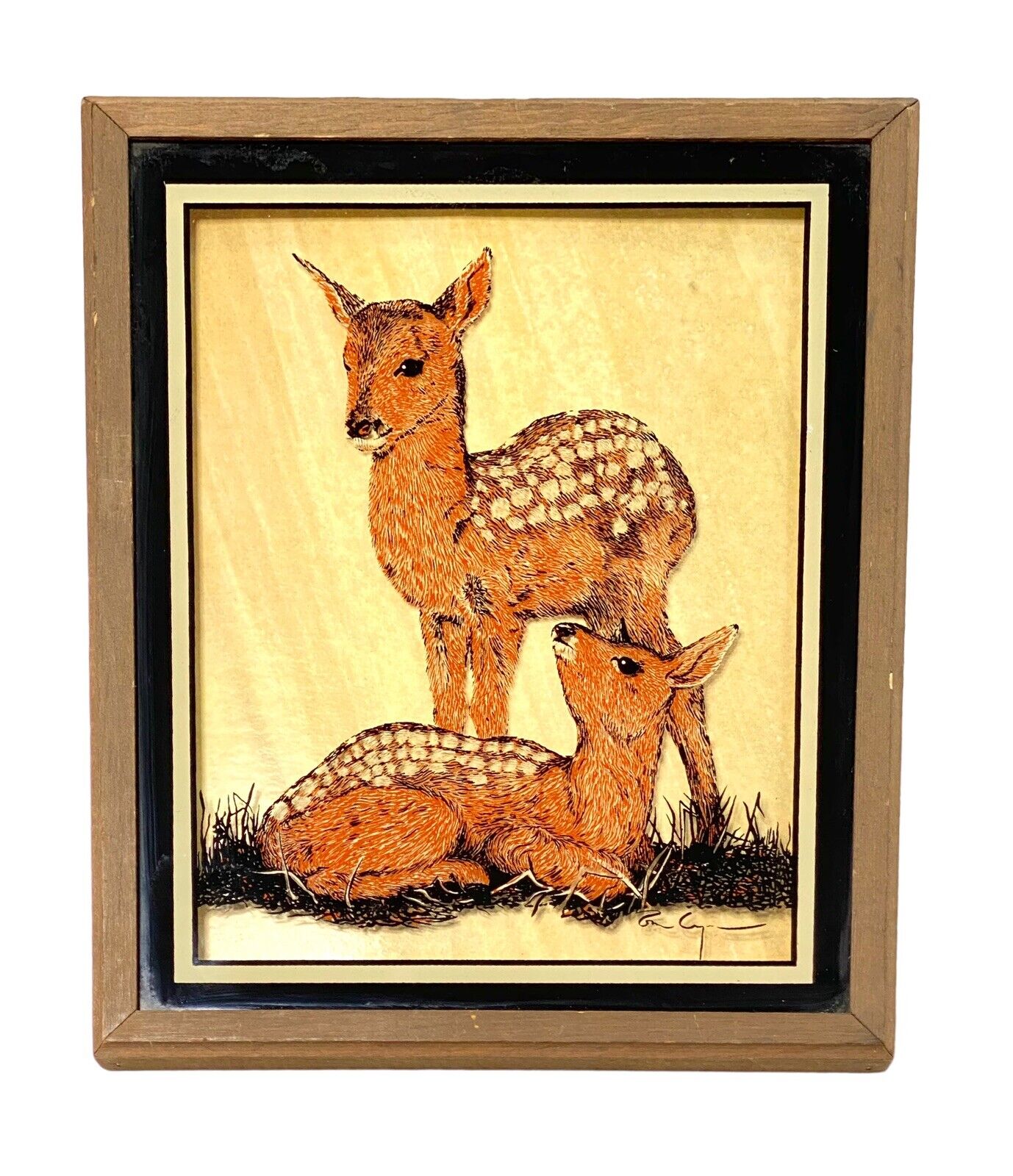 Vintage Retro Framed Printed Reverse Painting On Glass Deer Fawns 