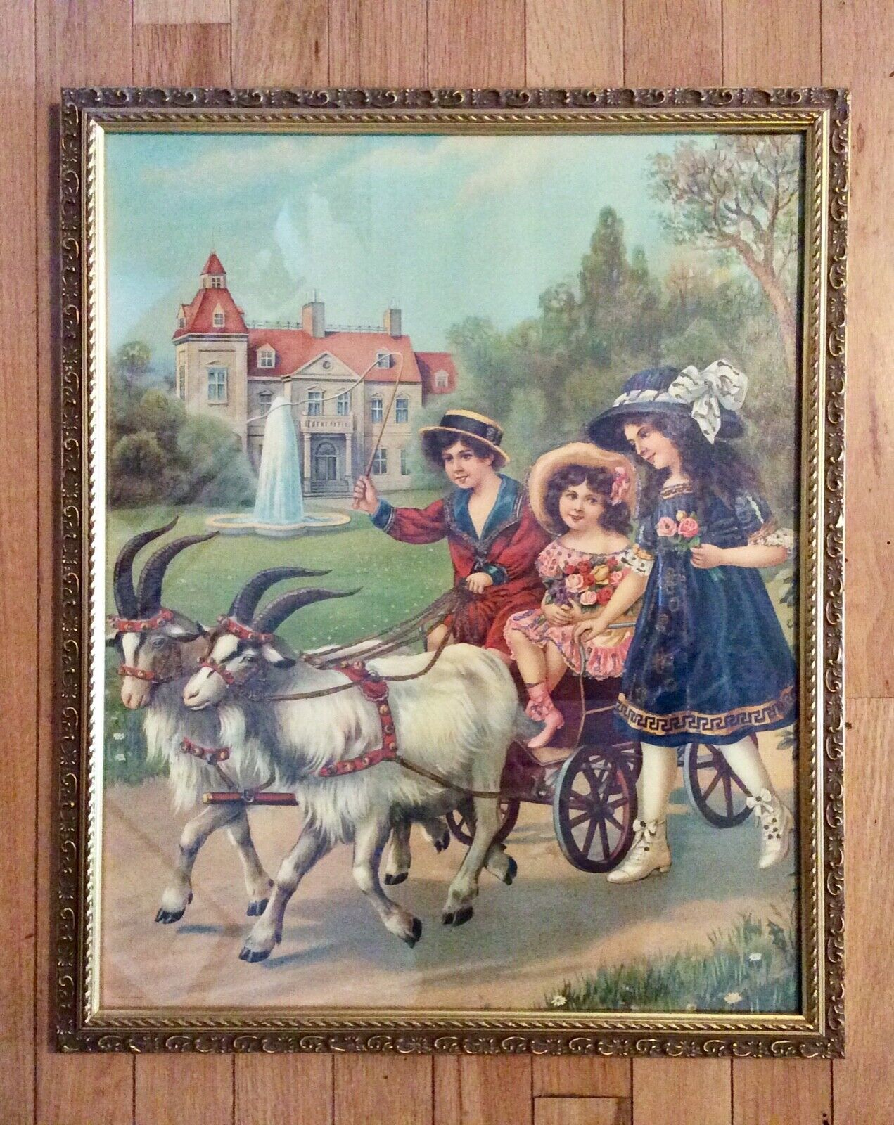 Antique Framed German Lithograph Print of Victorian Children with Goat Carriage