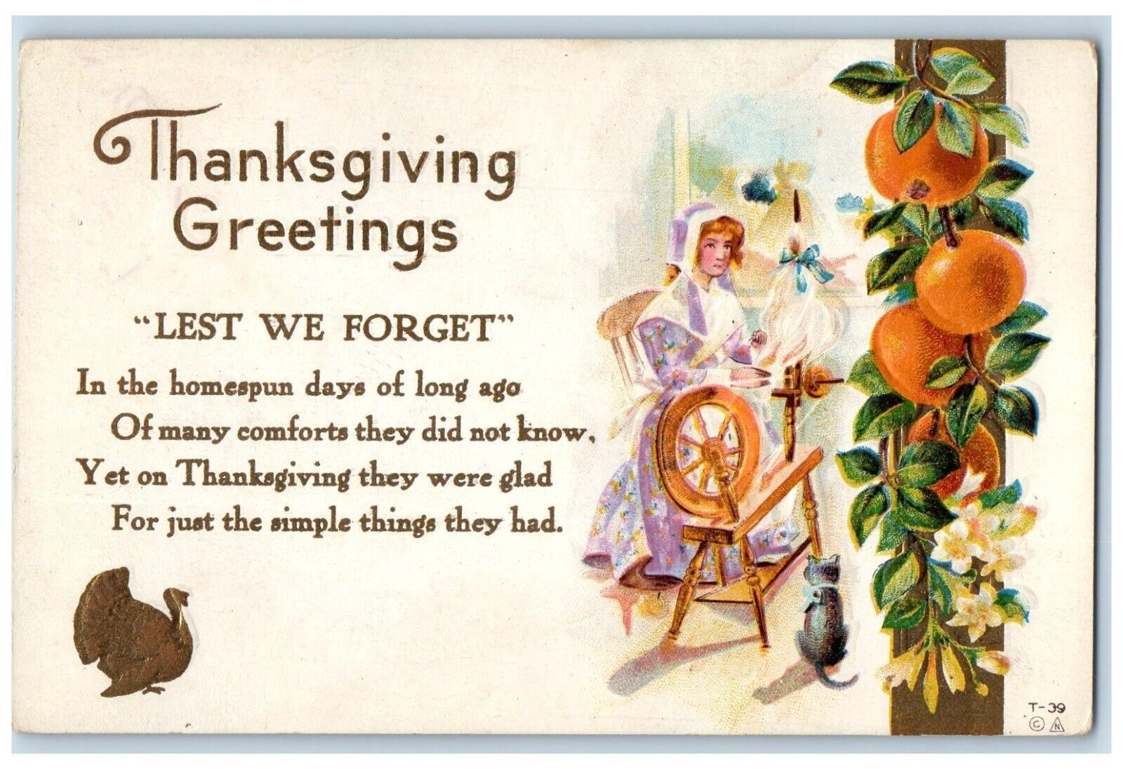c1910\'s Thanksgiving Greetings Woman Spinning Wheel Fruits Embossed Postcard