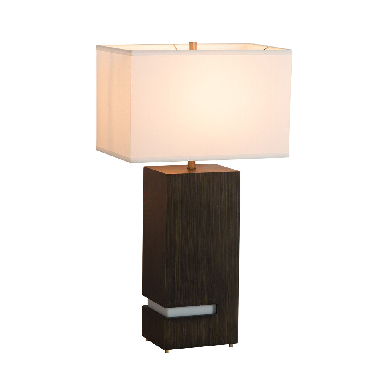 Zen Standing Table Lamp - Gilded Ebony Wood Finish, Weathered Brass, White Linen