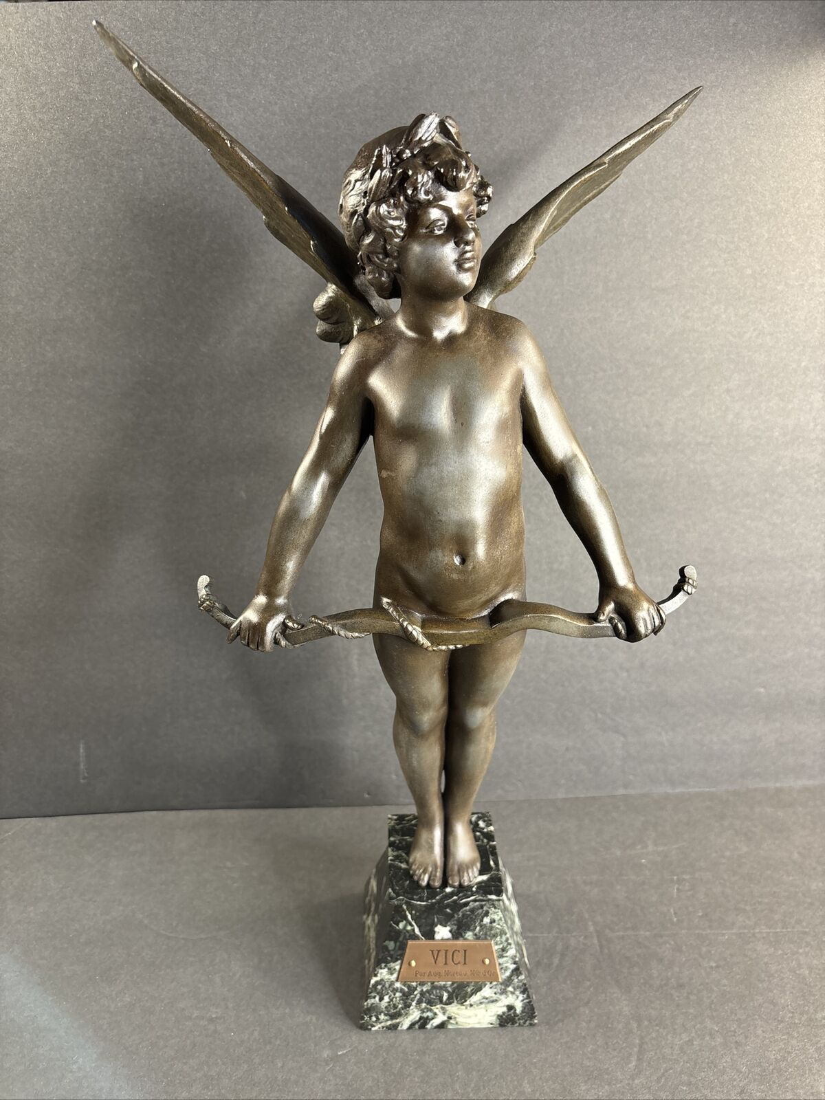 Antique Cherub Statue/Aug.Moreau/Spelter/Vici/Lovers/Angel/France C.1900/Marble