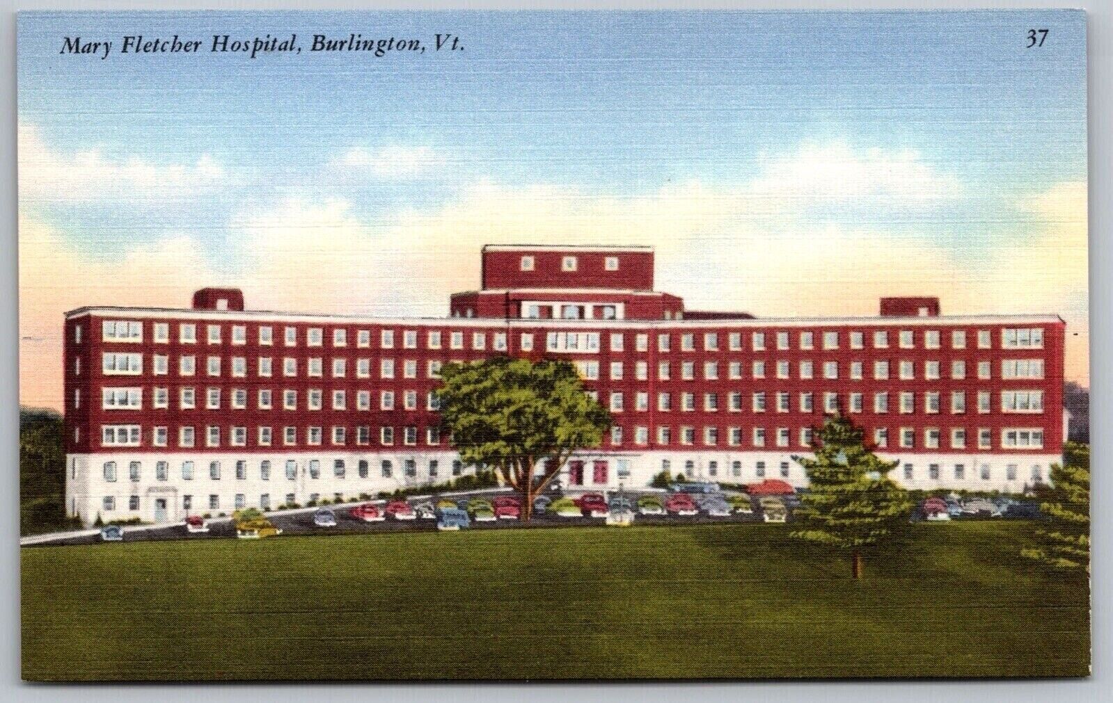 Burlington Vermont Mary Fletcher Hospital Building Streetview Linen Postcard