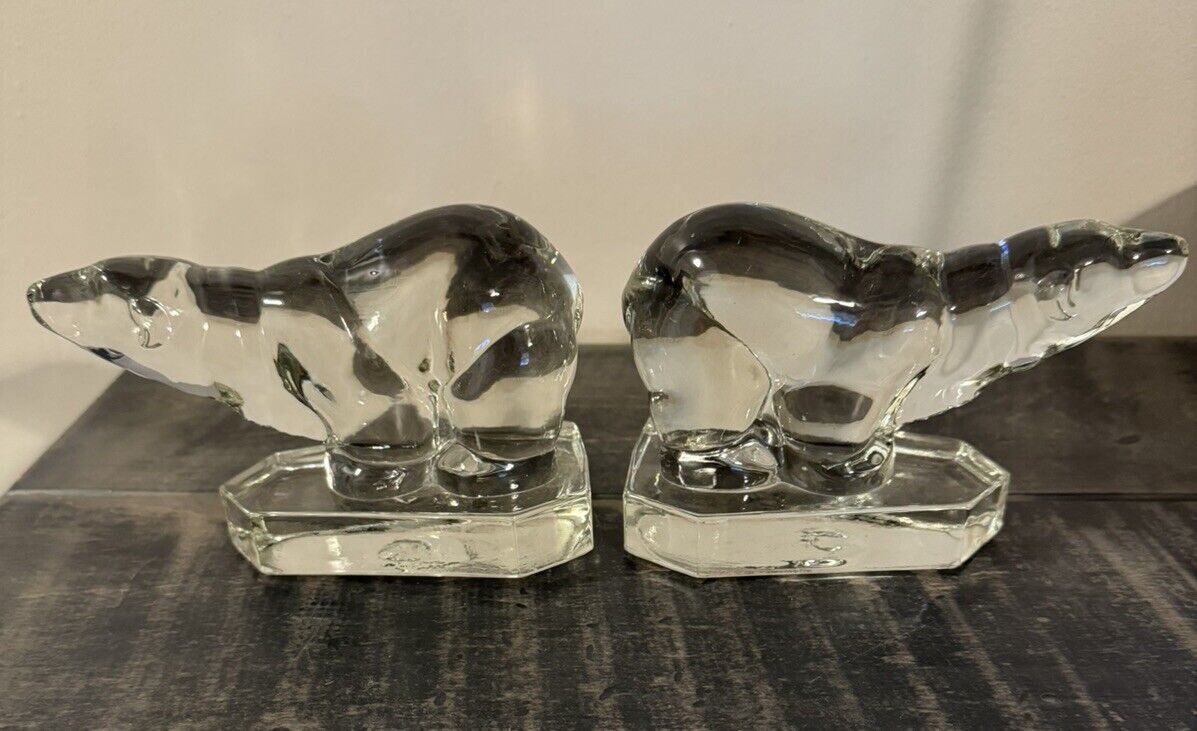 2 Vintage Clear Glass Polar Bear Bookends New Martinsville Glass Co Viking Pair