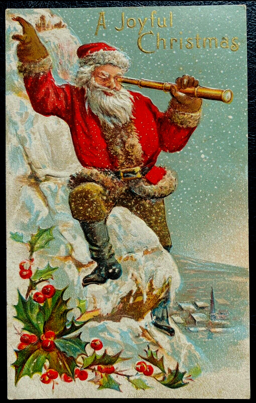 Santa Claus on Snowy Mountain with Binoculars ~Vintage Christmas Postcard-k297