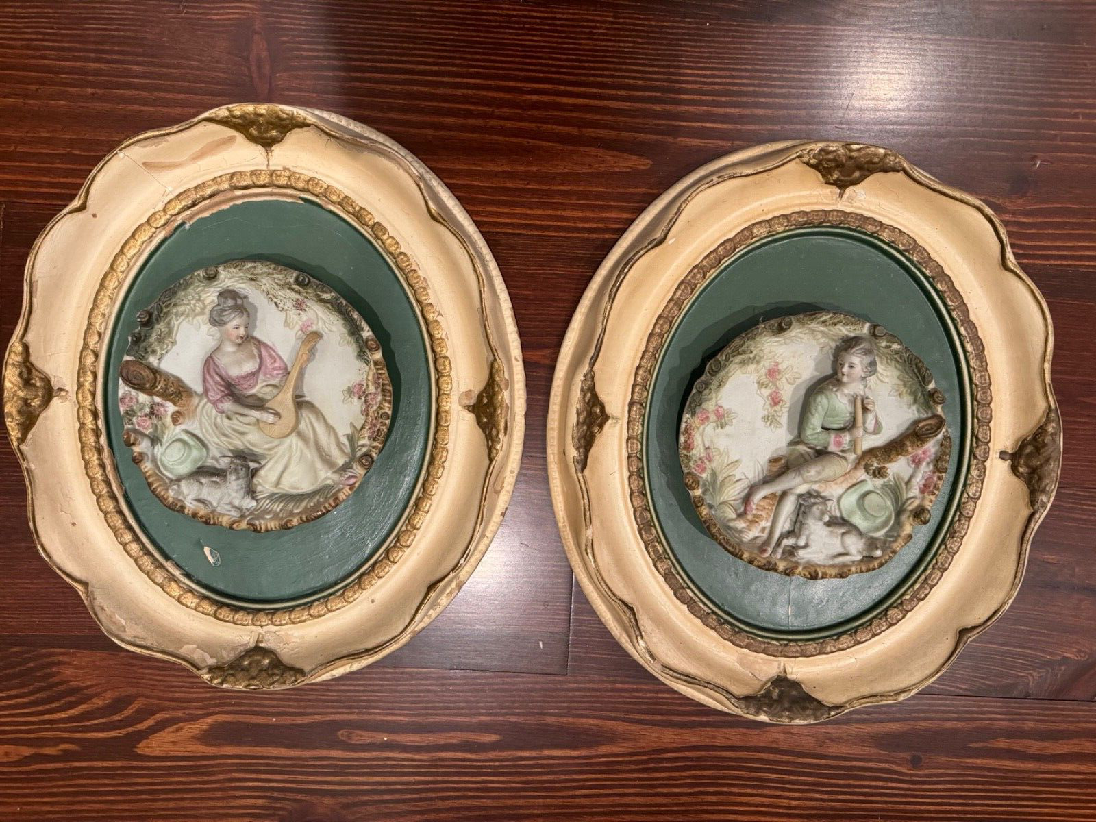 Beautiful Rare Pair of Decorative Oval Cameo Plaster Reliefs Wall Plaques