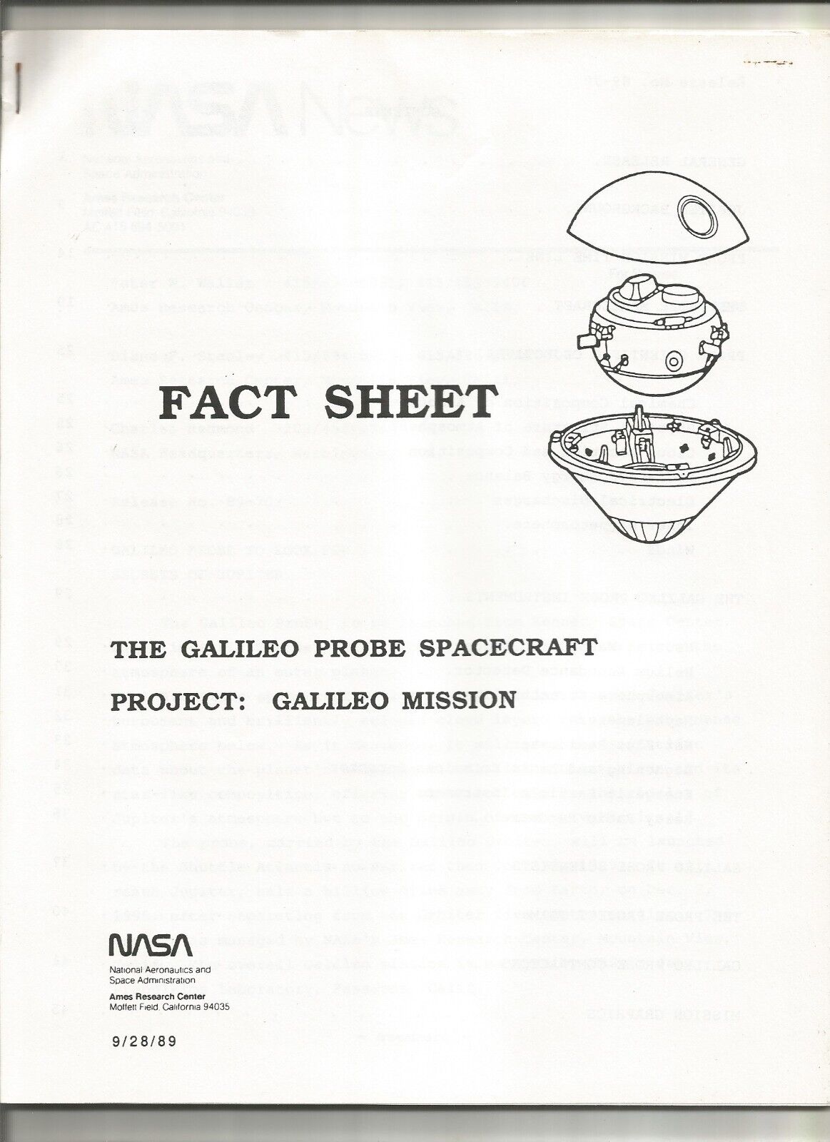 Official NASA Galileo Probe Spacecraft Fact Sheet Jupiter Mission Ames 45 pgs