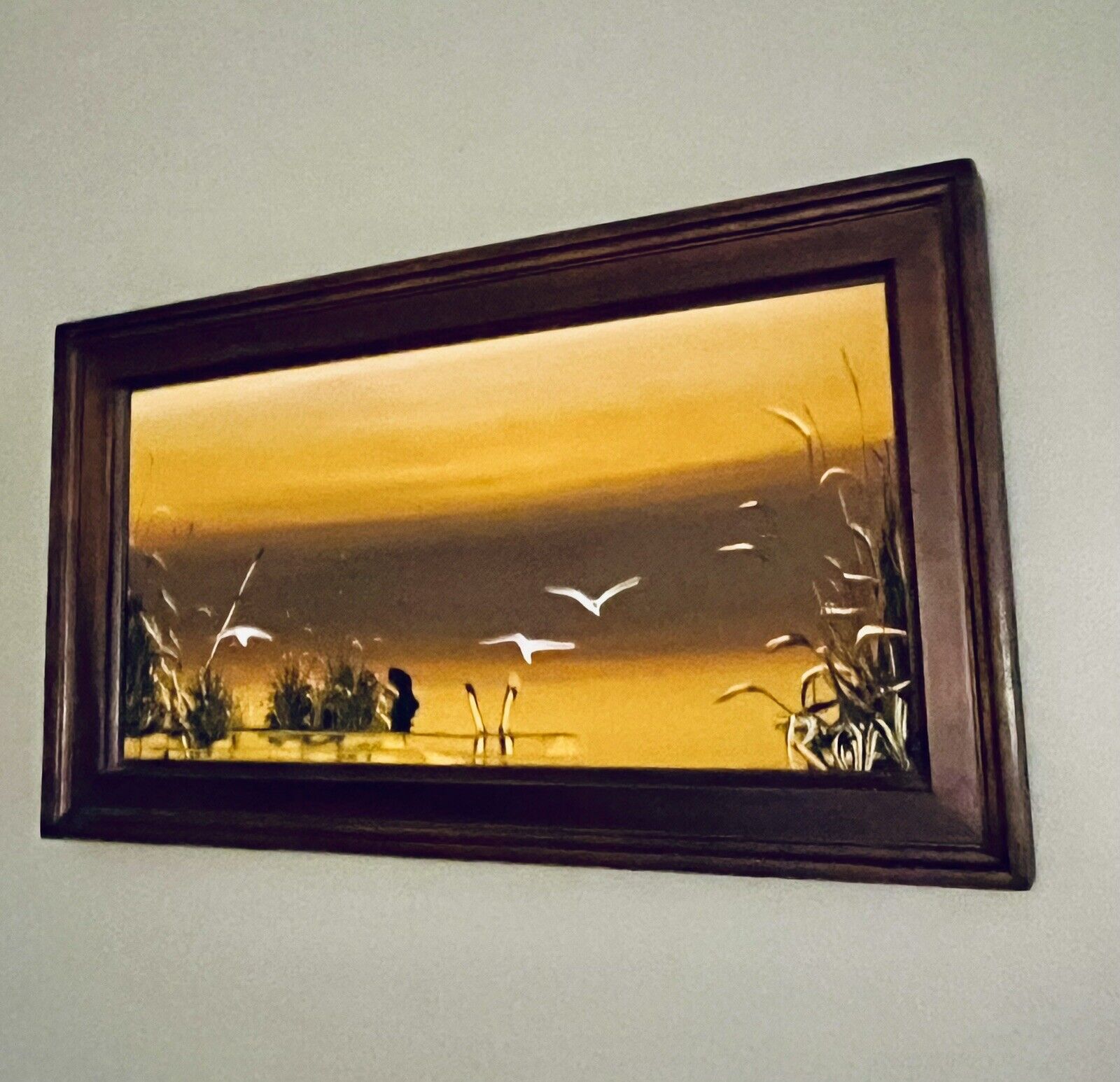 Vintage Pair MCM Sunset and Seagulls Wood Framed Oil Paintings