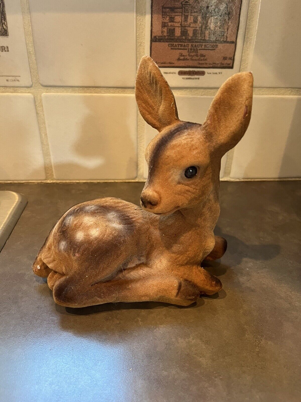 Vintage Spotted Flocked Laying Deer Figurine