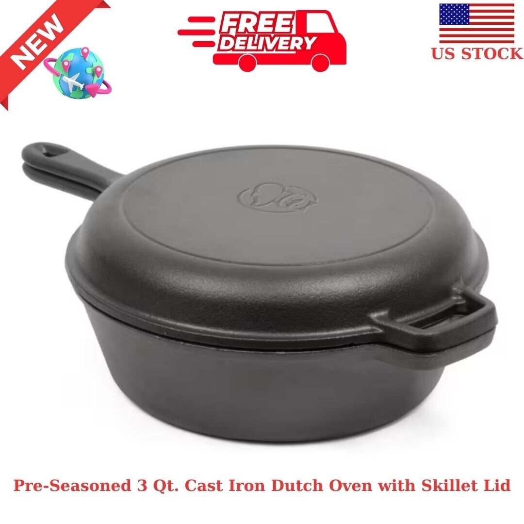 Commercial CHEF Pre-Seasoned 3 Qt. Cast Iron Dutch Oven with Skillet Lid