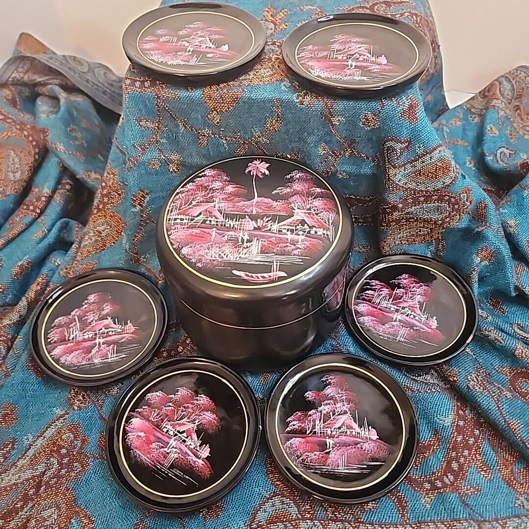 Vtg Japanese Lacquerware Coaster Set With Holder 6 Coasters Black Pink Scenes