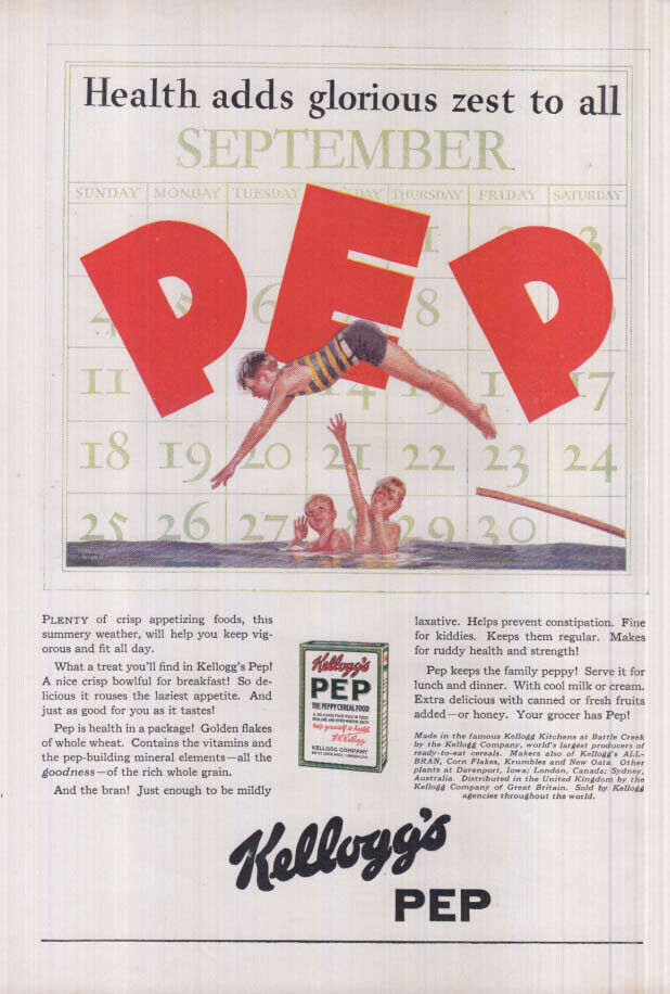 Health adds glorious zest to all Kellogg\'s Pep Cereal ad 1927 young boys swim